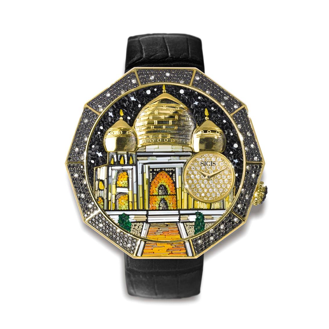 Contemporary Automatic Watch Yellow Gold White & Black Diamonds Alligator Strap Micromosaic For Sale