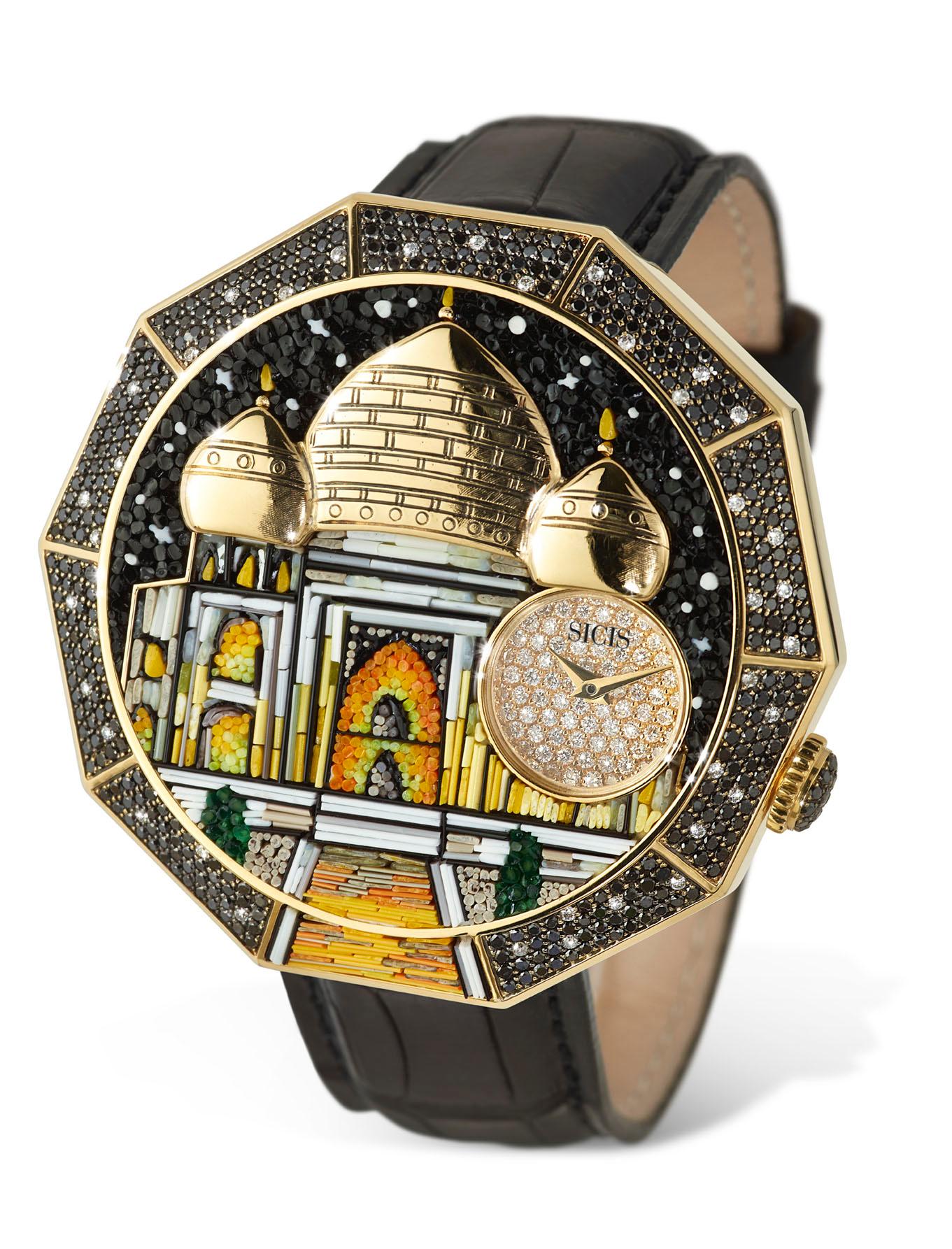 Brilliant Cut Automatic Watch Yellow Gold White & Black Diamonds Alligator Strap Micromosaic For Sale