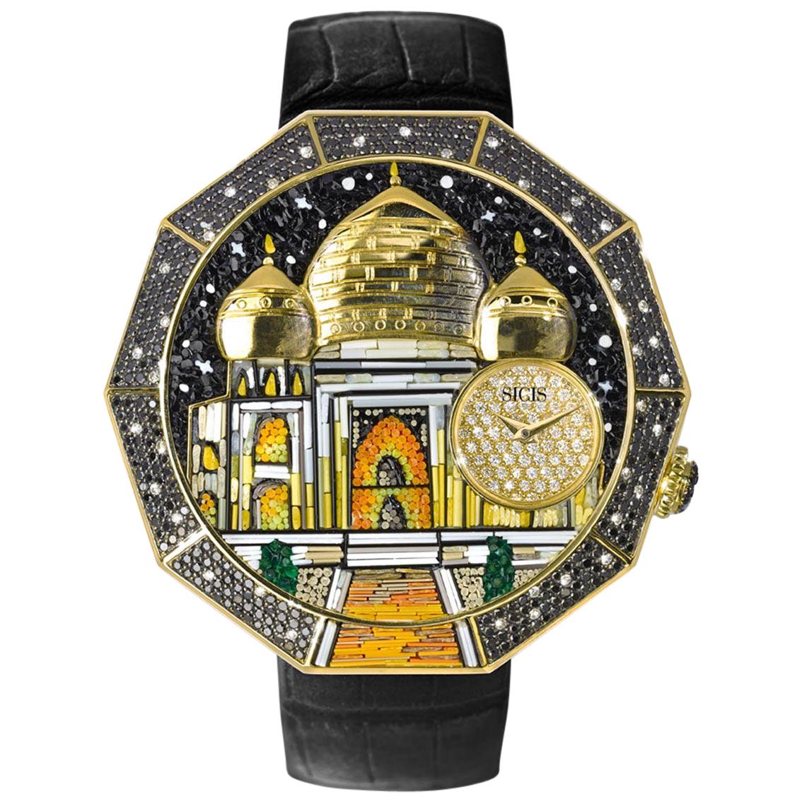 Automatic Watch Yellow Gold White & Black Diamonds Alligator Strap Micromosaic For Sale