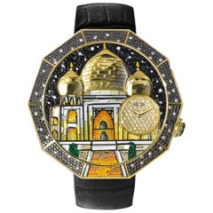 Montre automatique en or jaune, diamants blancs et noirs et bracelet en micro-mosaïque d'alligator