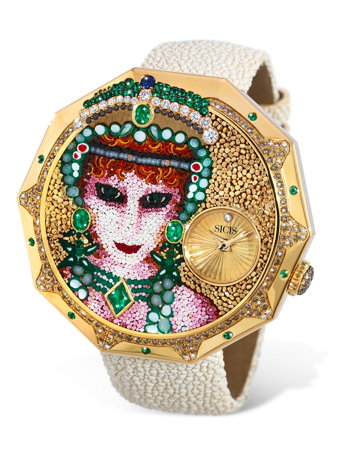Contemporary Automatic Watch Gold White & Brown Diamonds Emeralds Sapphires Galuchat Strap For Sale