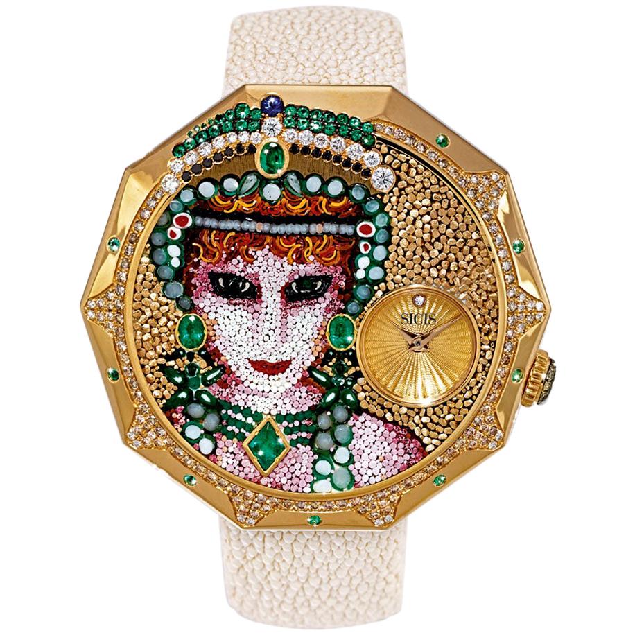 Automatic Watch Gold White & Brown Diamonds Emeralds Sapphires Galuchat Strap For Sale
