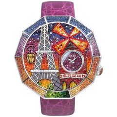 Montre automatique en or blanc, diamants blancs et saphirs  Bracelet en alligator rubis