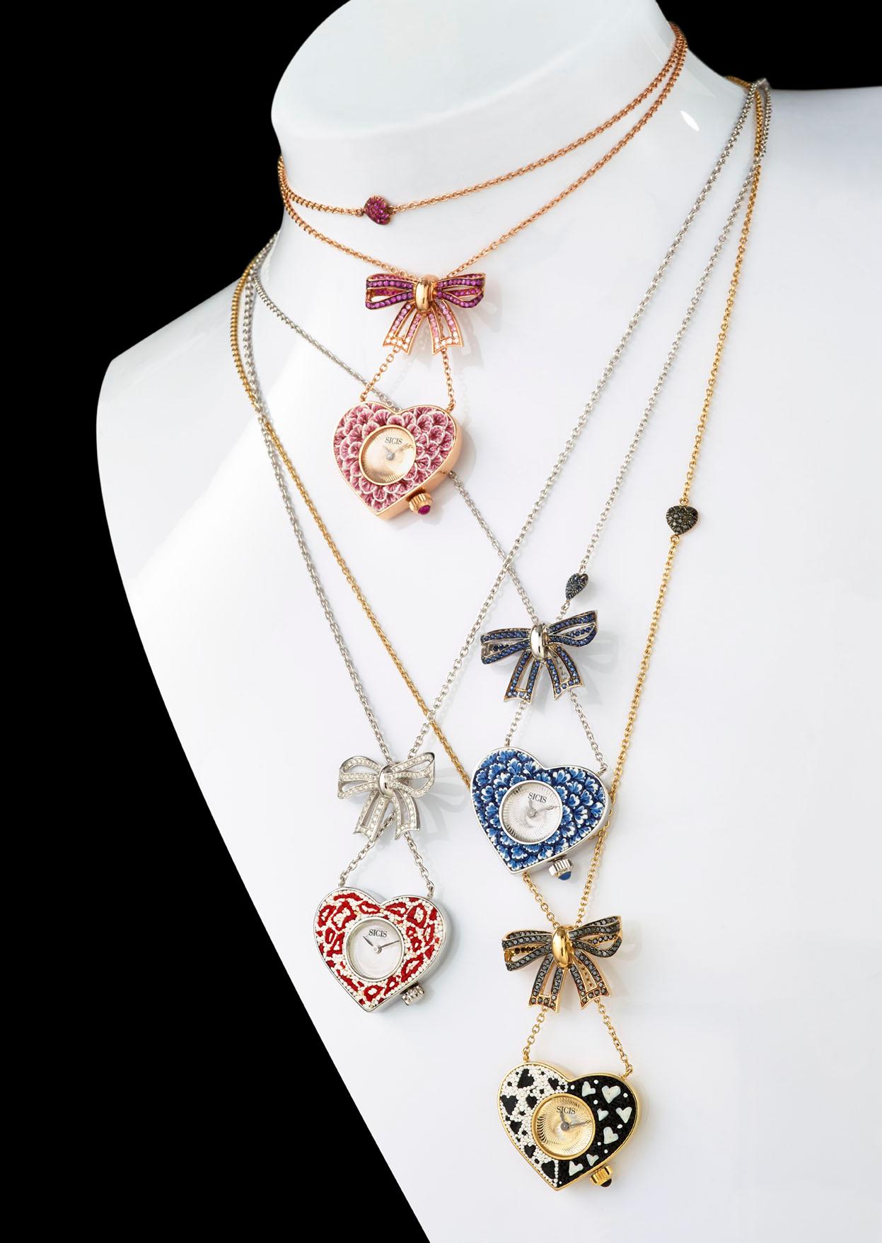 Quartz Watch Necklace White Gold White Diamond Sapphires Emeralds