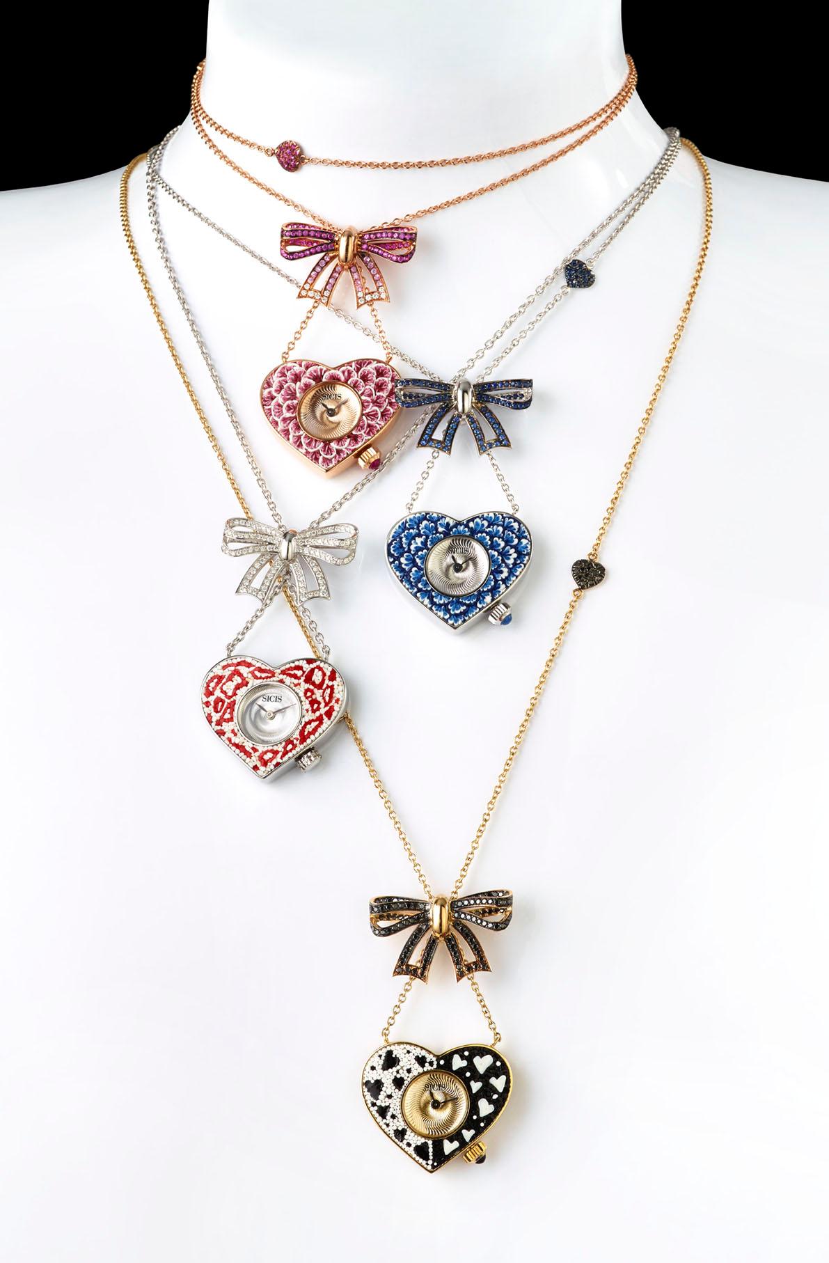 Quartz Watch Necklace White Gold White Diamond Sapphires Emeralds