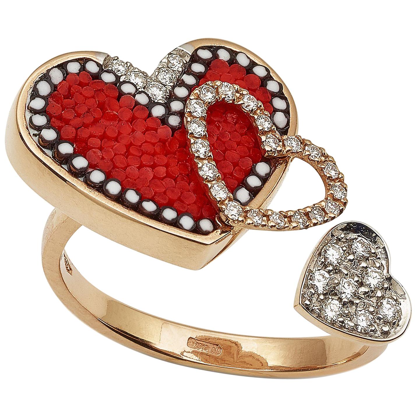 Sicis Heart Ring Rose Gold White Diamonds Micromosaic