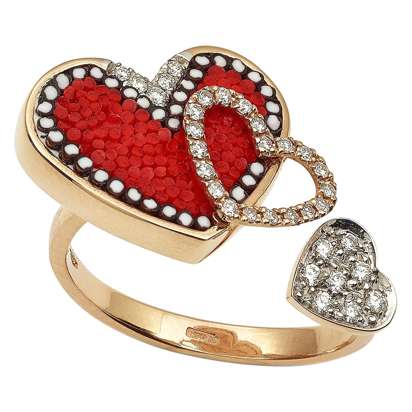 Stylish Ring Rose Gold White Diamonds Hand Decorated Micromosaic Customizable