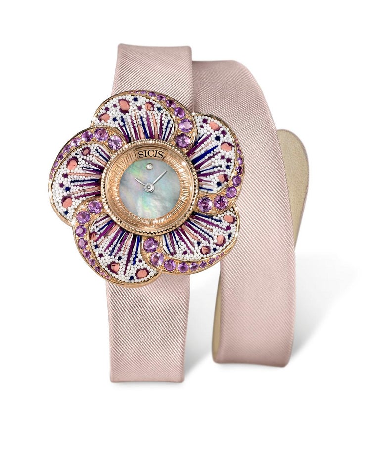 Contemporary Wristwatch Gold Amethyst White Diamond Mother-of-Pearl Micromosaic Decorated For Sale