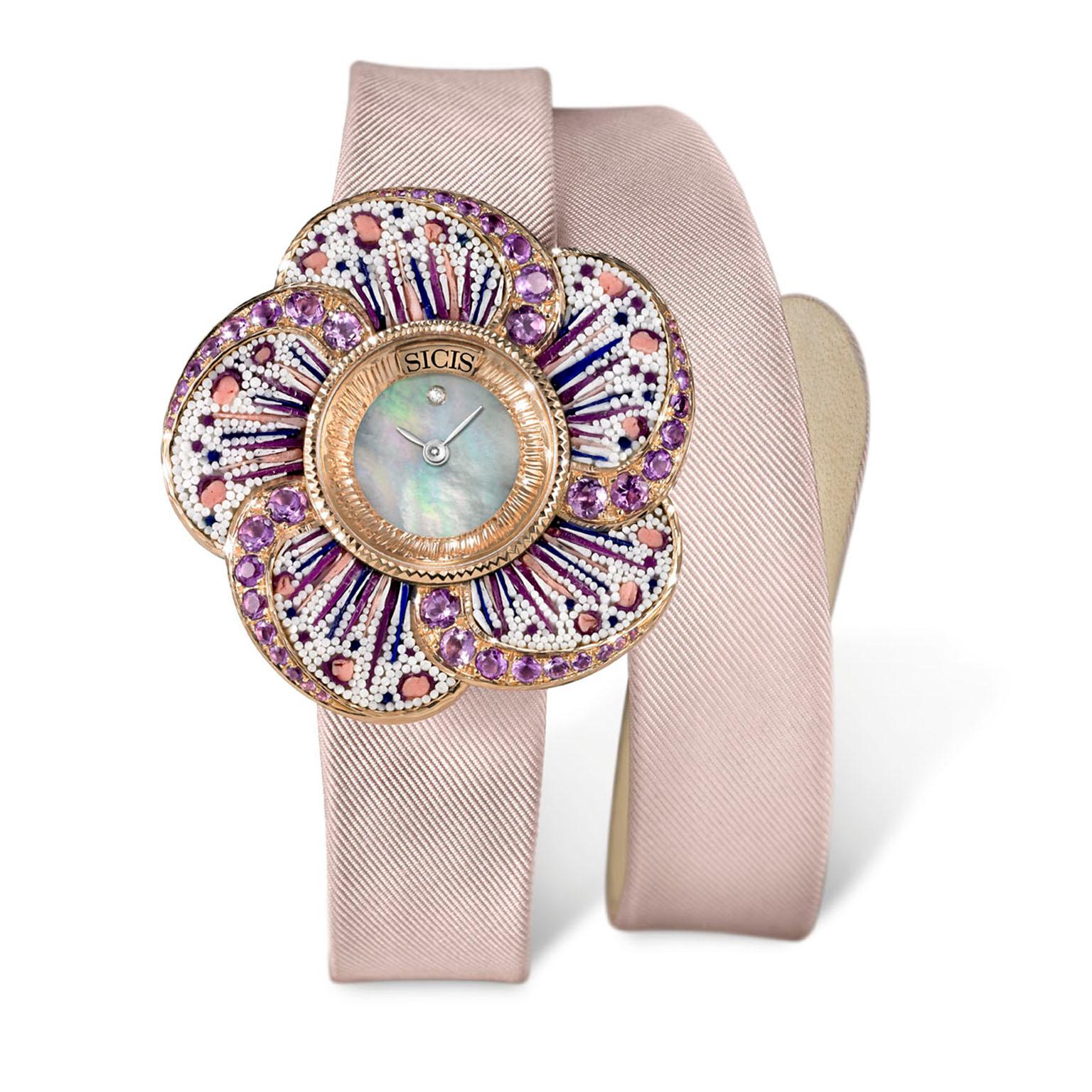 Contemporary Wristwatch Gold Amethyst White Diamond Mother-of-Pearl Micromosaic Decorated For Sale