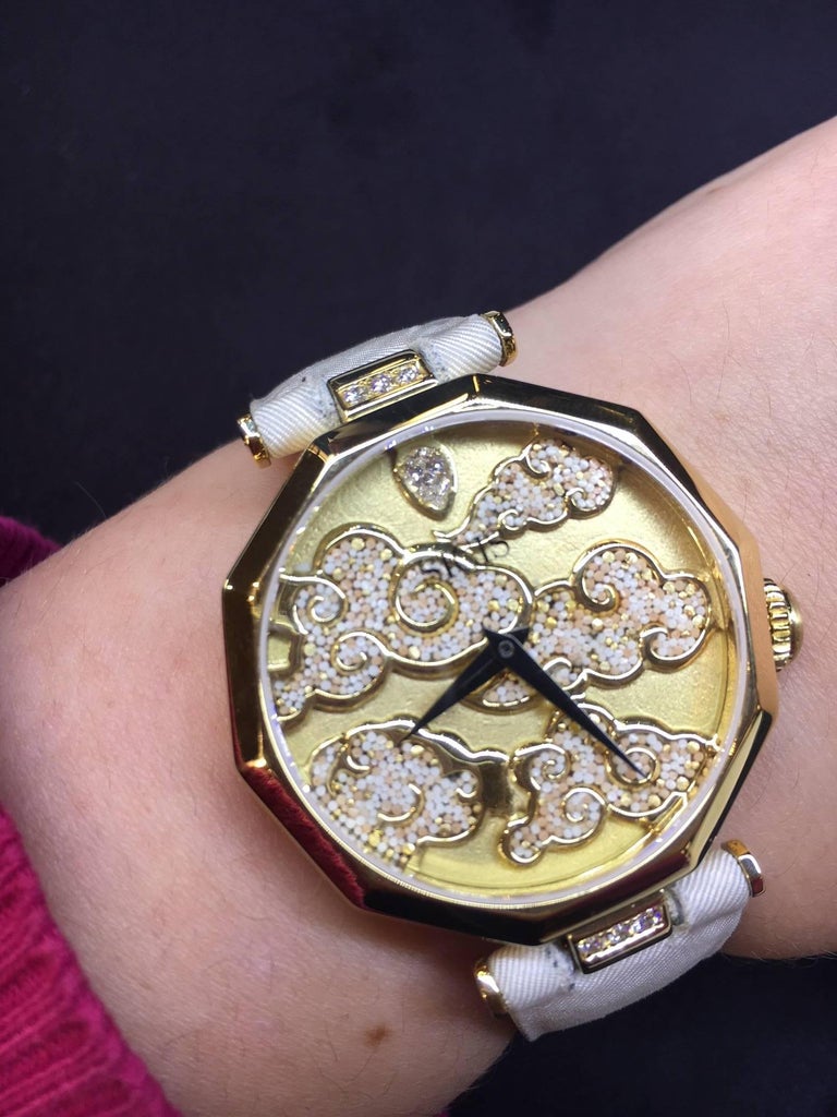 Brilliant Cut Stylish Wristwatch Gold Case White Diamond Hand decorated with Micromosaic For Sale