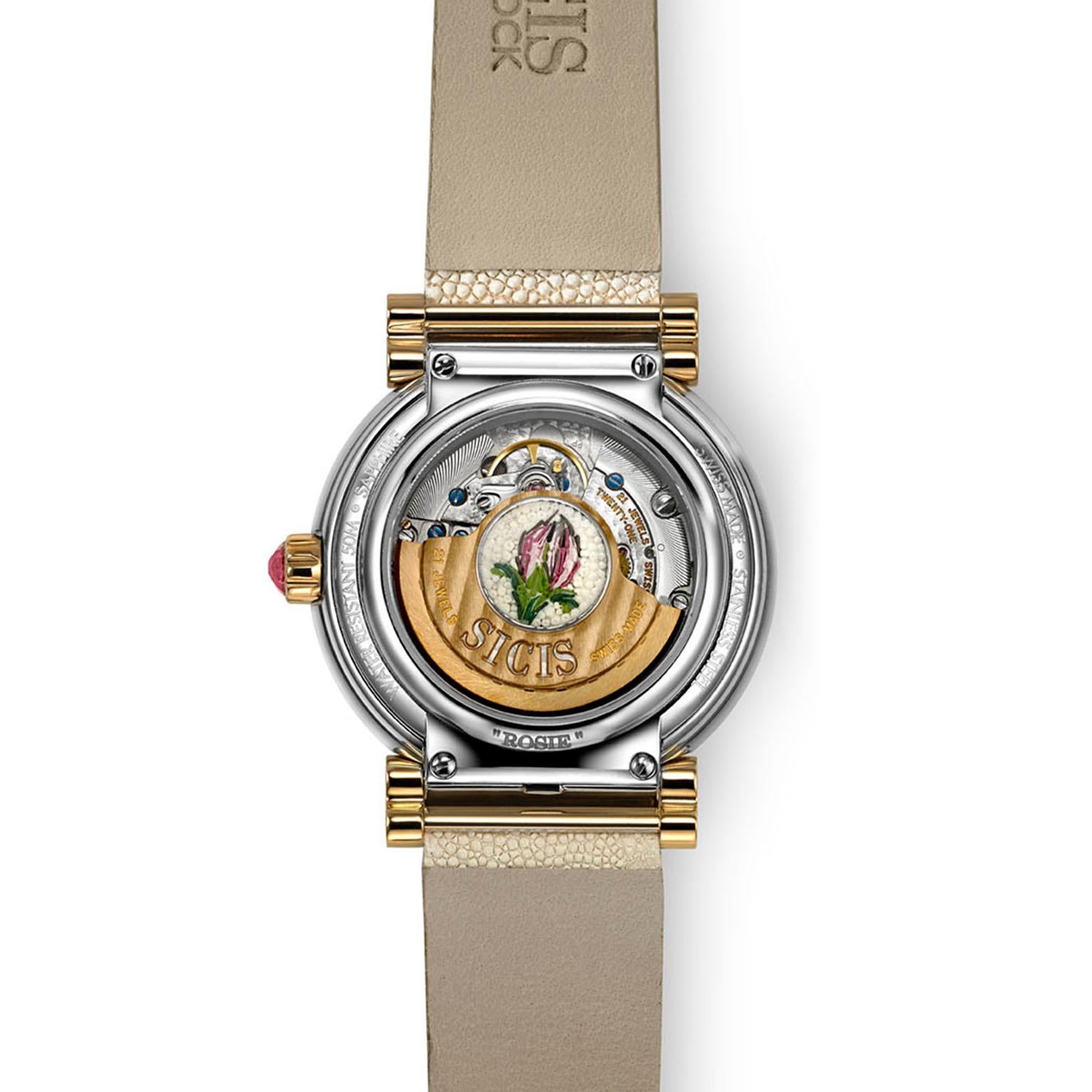 Contemporary Stylish Watch Stainless Steel Rose Gold Sapphires Hand Decorated Micromosaic  For Sale