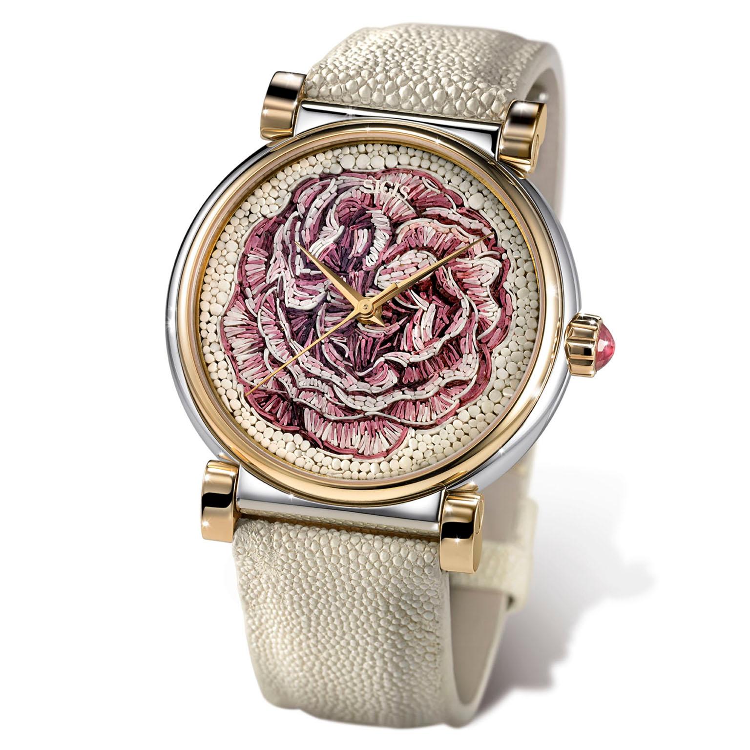 Brilliant Cut Stylish Watch Stainless Steel Rose Gold Sapphires Hand Decorated Micromosaic  For Sale