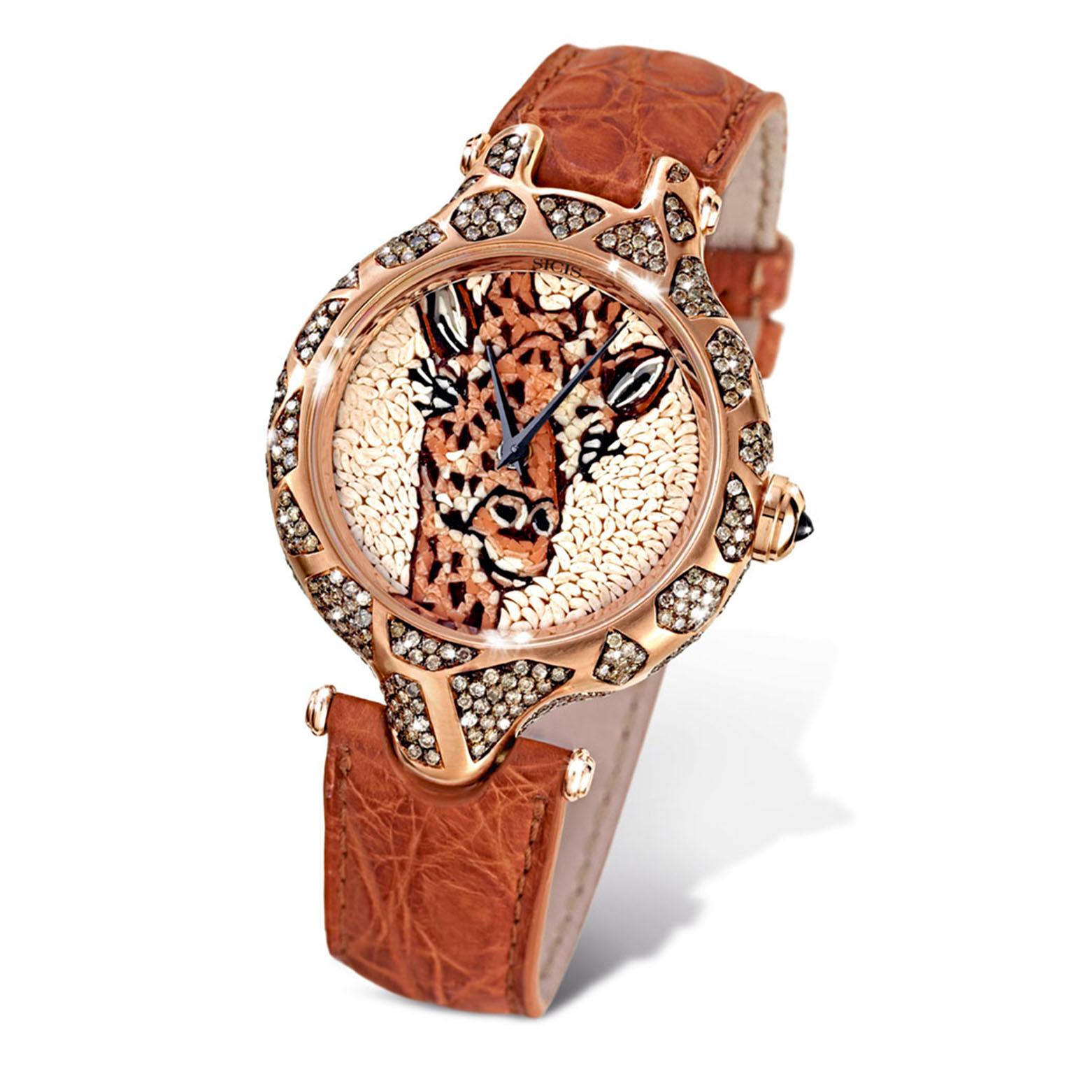Contemporary Wristwatch Gold White & Brown Diamonds Sapphires Alligator Strap Micromosaic For Sale