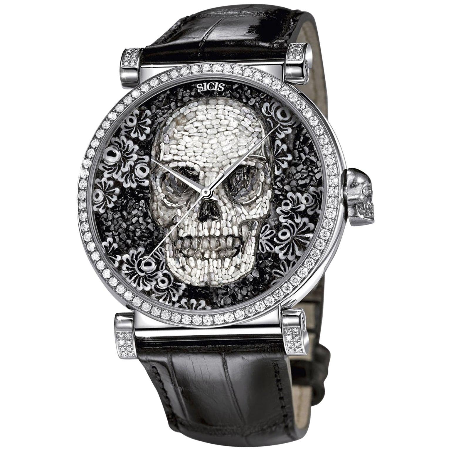 Orologio automatico Silver White Diamonds Alligator Strap Quadrante decorato a micromosaico