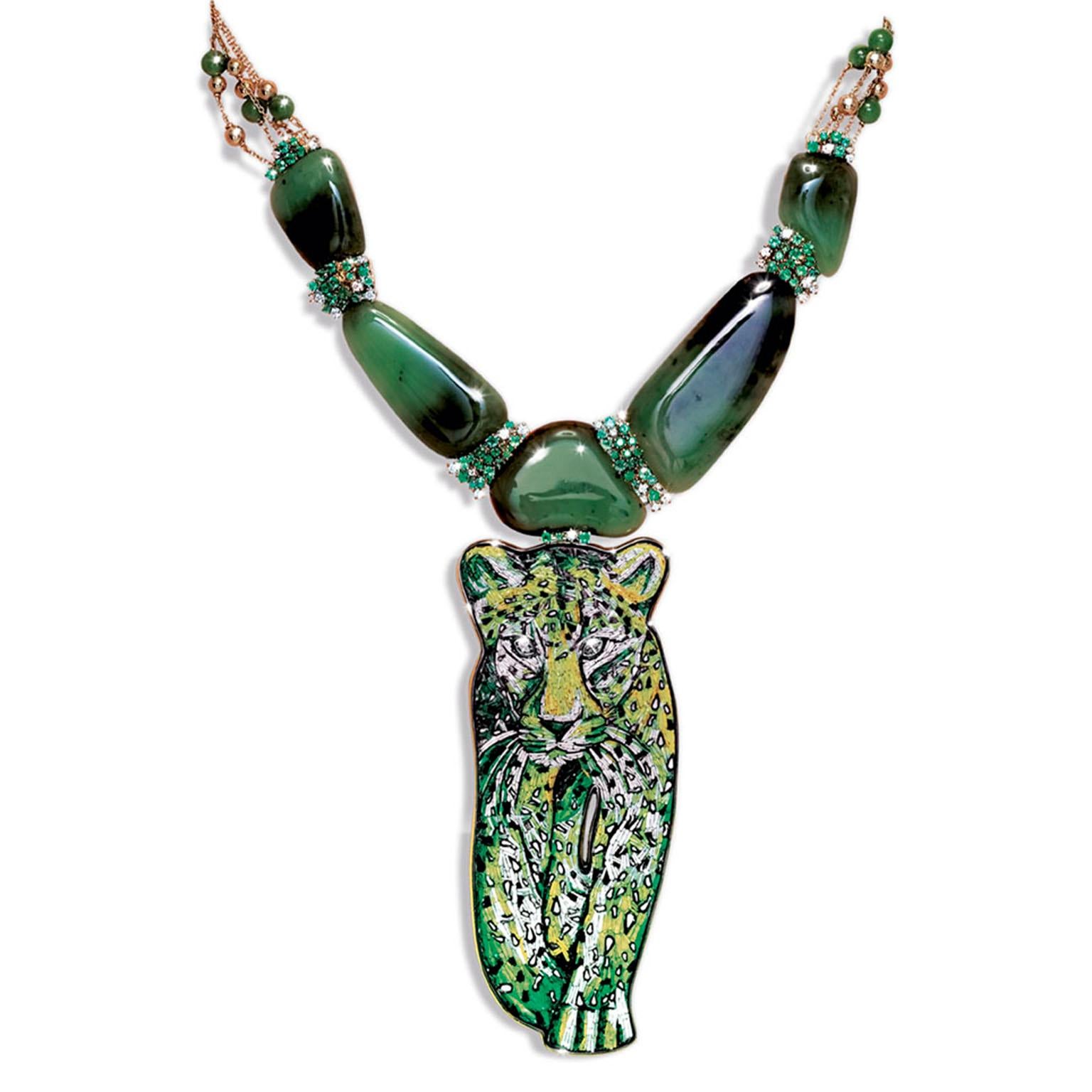 Brilliant Cut Stylish Necklace Yellow Gold  White Diamond Emerald Agate Decorated Micromosaic For Sale