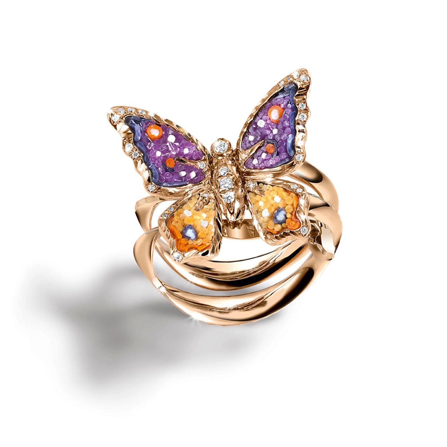 Contemporary Stylish Butterfly Ring White Diamond Rose Gold Hand Decorated with Micromosaic  For Sale