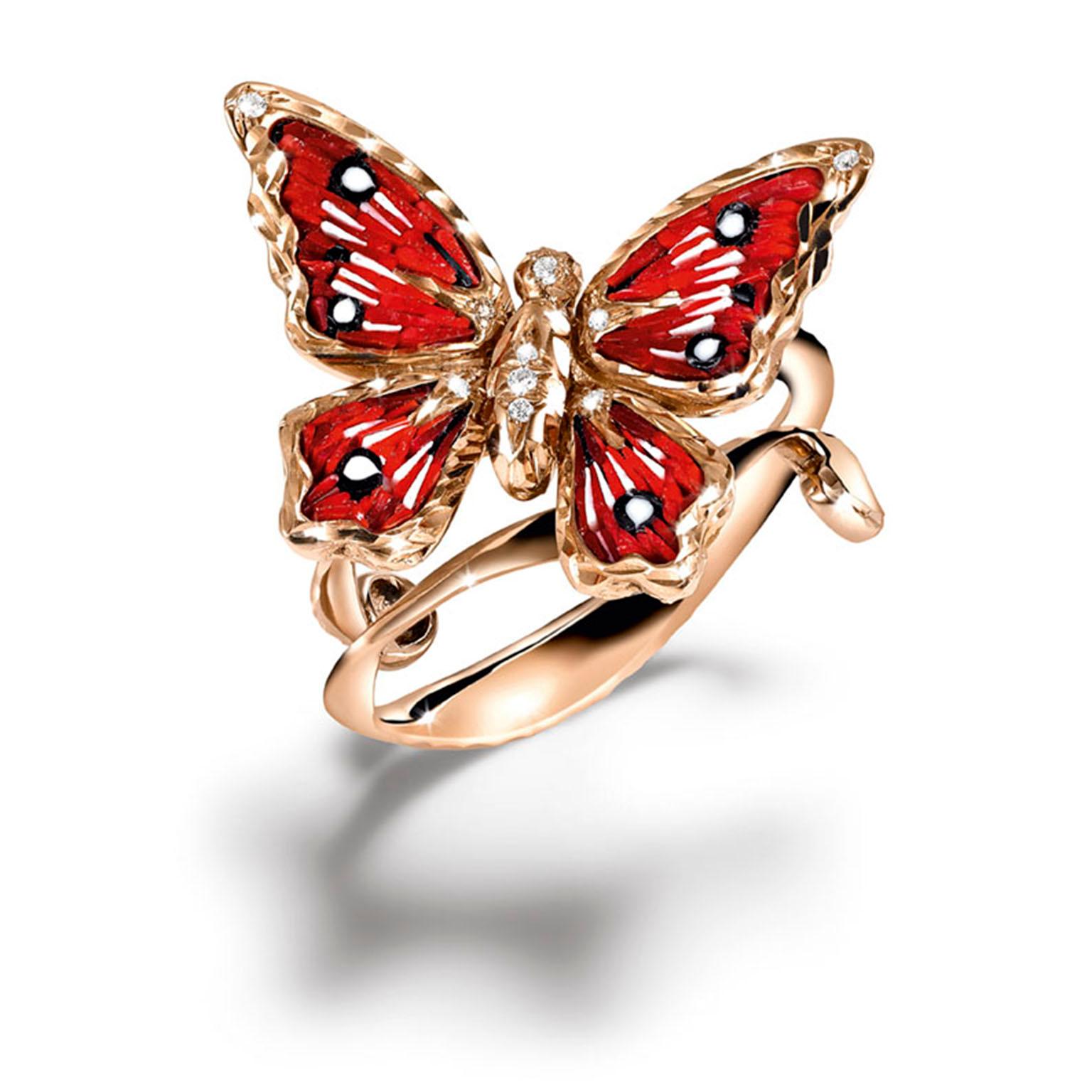 Eleganter Schmetterlingsring, Weißer Diamant, Roségold, von Hand verziert mit Mikromosaik  (Zeitgenössisch) im Angebot
