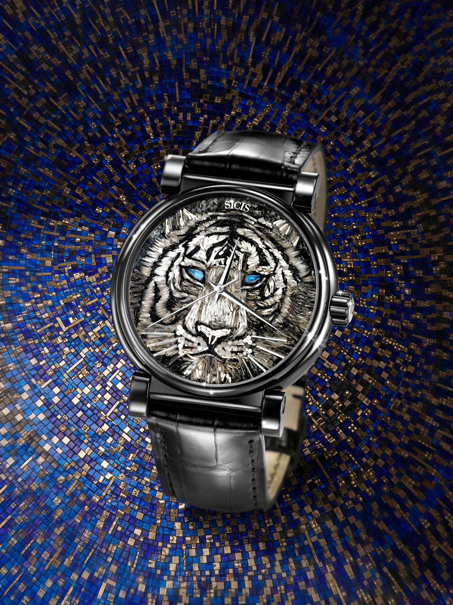 Contemporary Automatic Wristwatch Stainless Steel Alligator Strap Decorated With Micromosaic For Sale