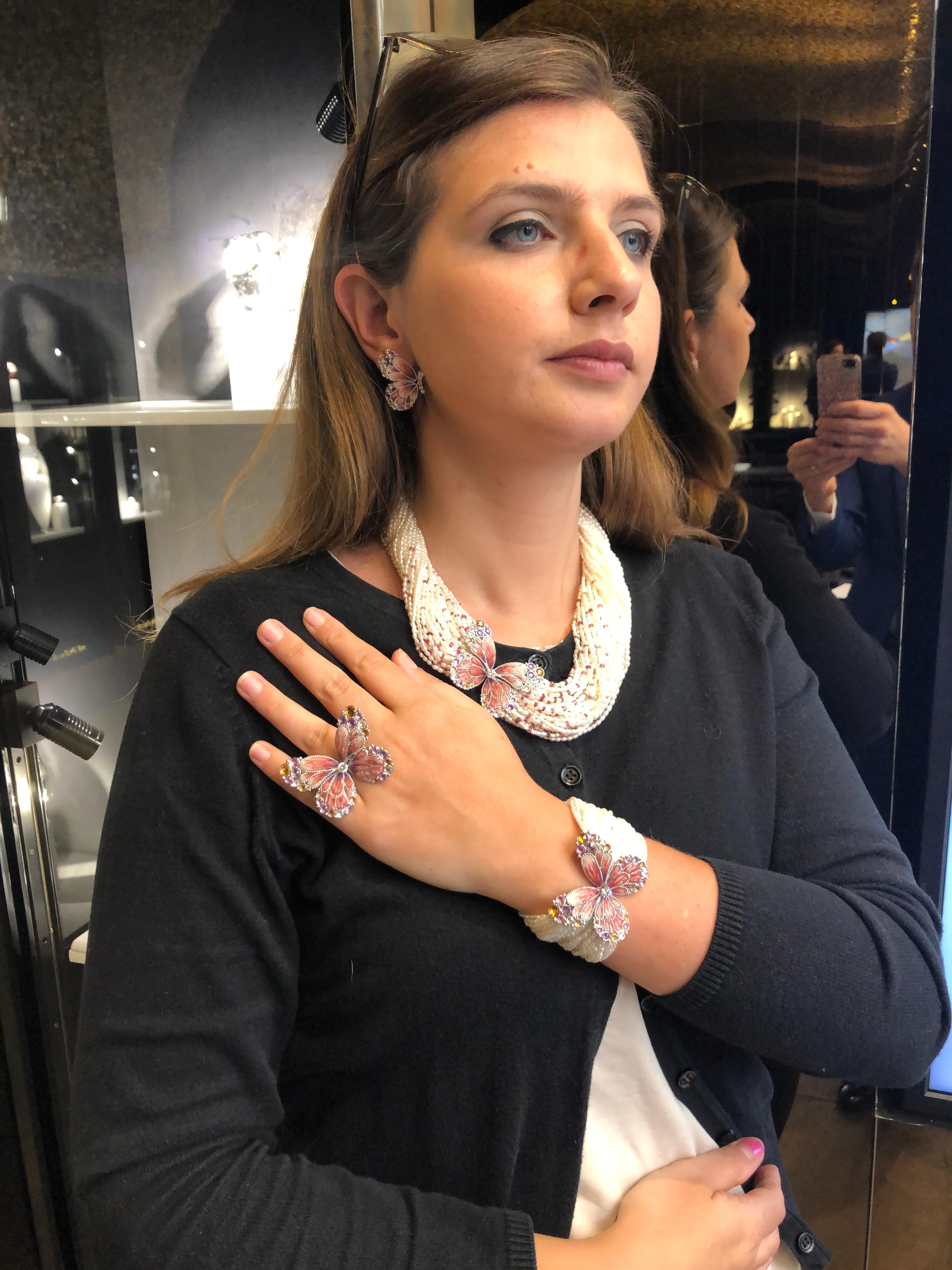 Contemporary Bracelet White Gold White Diamonds Sapphires Tourmaline Pearls Micromosaic For Sale