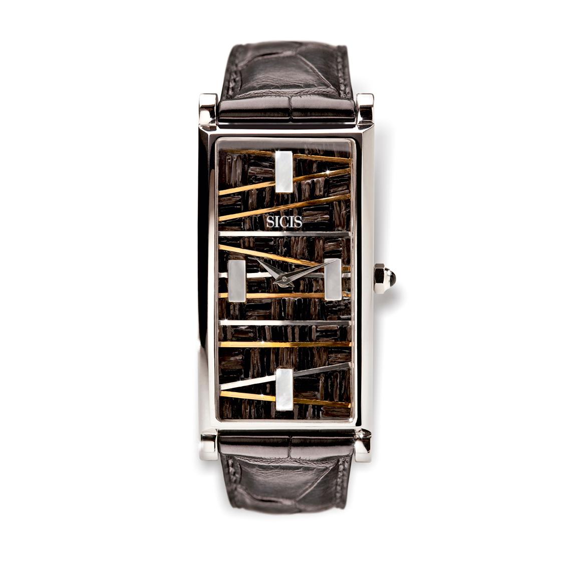 Contemporary Wristwatch White Gold Mother of Pearl Alligator Strap Designed by Roger Thomas  For Sale