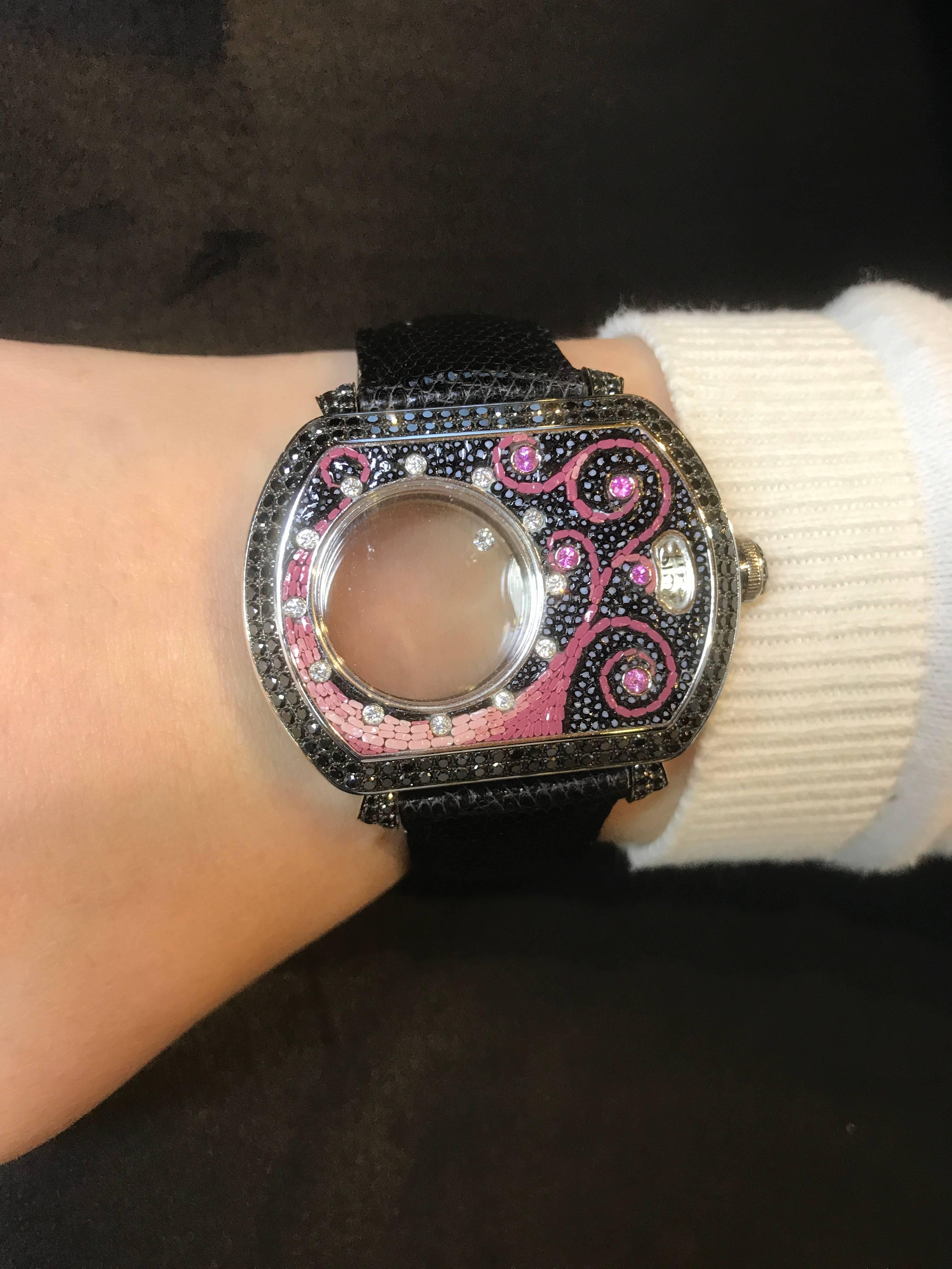 Contemporary Automatic Wristwatch White Gold White & Black Diamond Sapphire Micromosaic For Sale