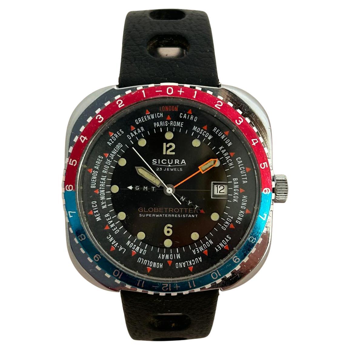 Sicura Globetrotter GMT, 23 Juwelen manuelles Uhrwerk, 41 mm Gehäuse, Jahr 1974...