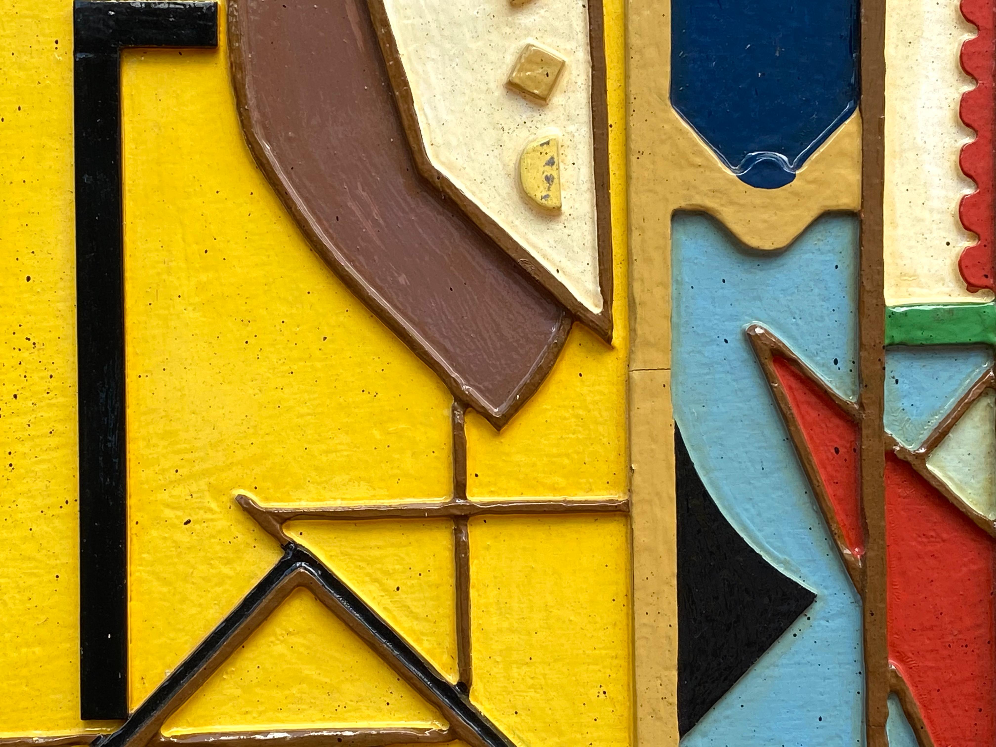 Opera originale in legno con inserti in vernice smaltata di Sid Birnbaum.  Il dipinto è realizzato in stile cubista astratto.  Le condizioni sono molto buone. Firmato e datato sul retro, 1987.  Le dimensioni complessive sono 27 pollici per 39