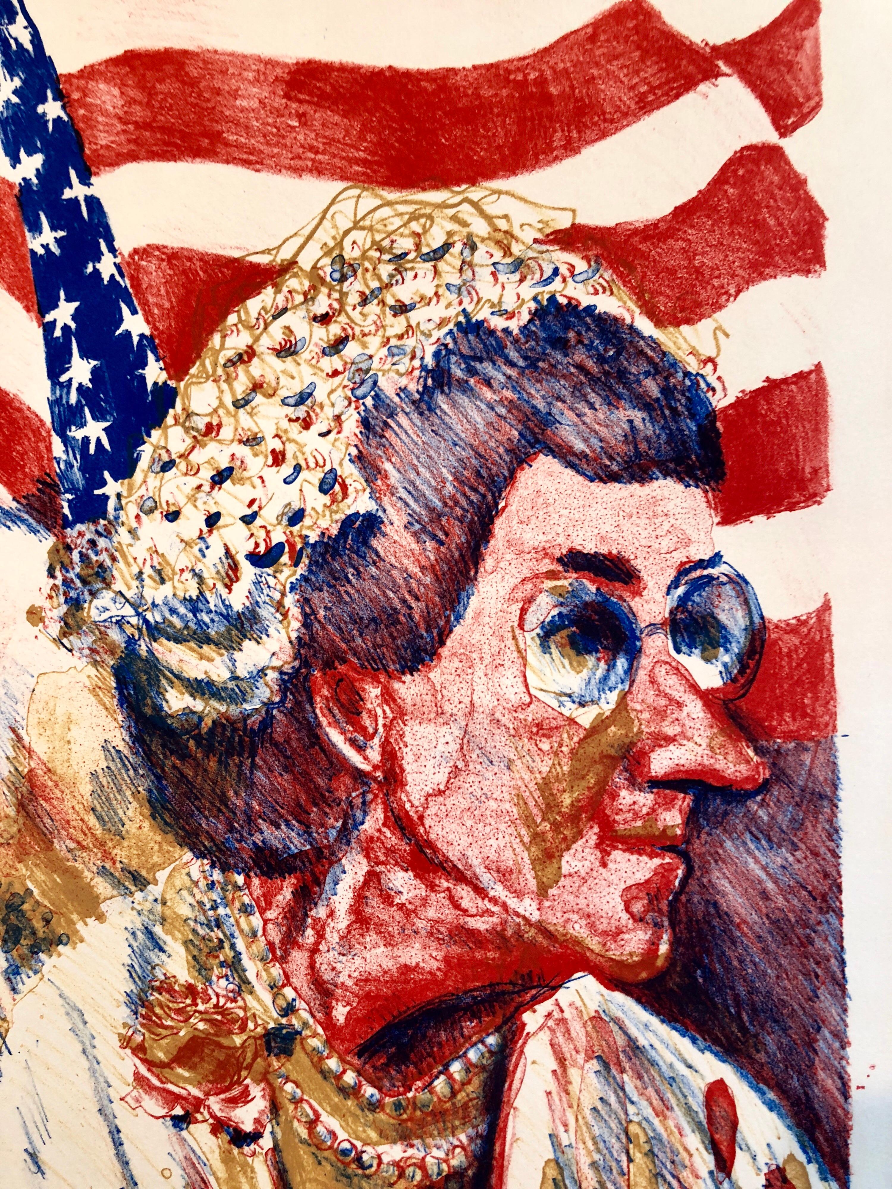 Ohio Art Modern Americana Patriotic Lithograph American Flag Attentive Patriots - Print by Sid Chafetz