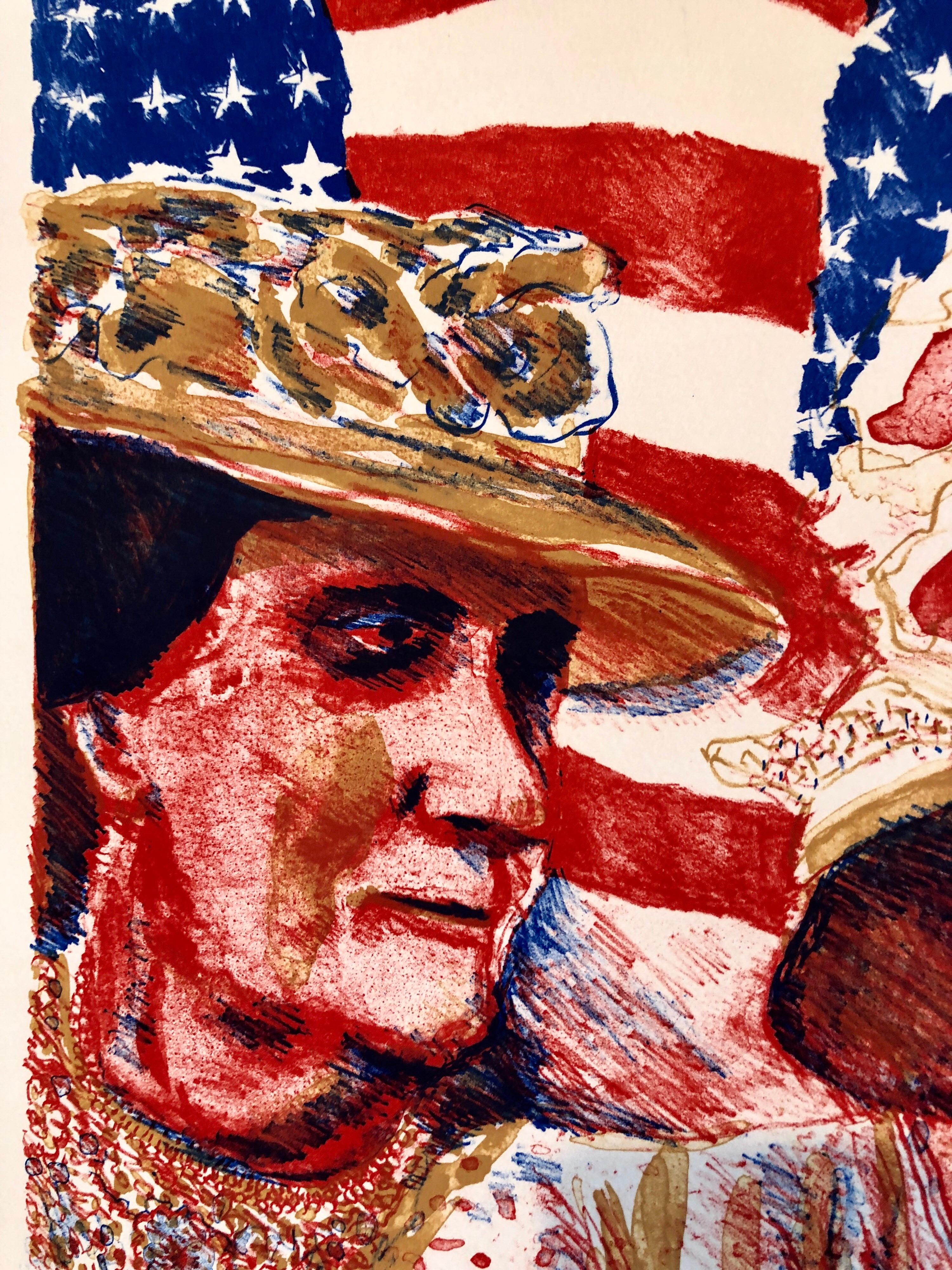 Ohio Art Modern Americana Patriotic Lithograph American Flag Attentive Patriots For Sale 1