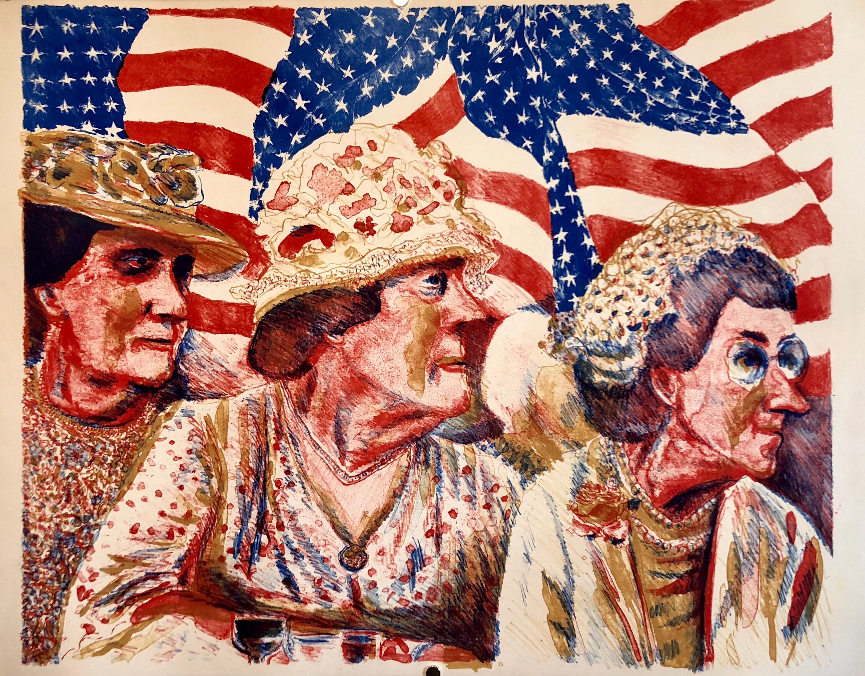 Ohio Art Modern Americana Patriotic Lithograph American Flag Attentive Patriots For Sale 2