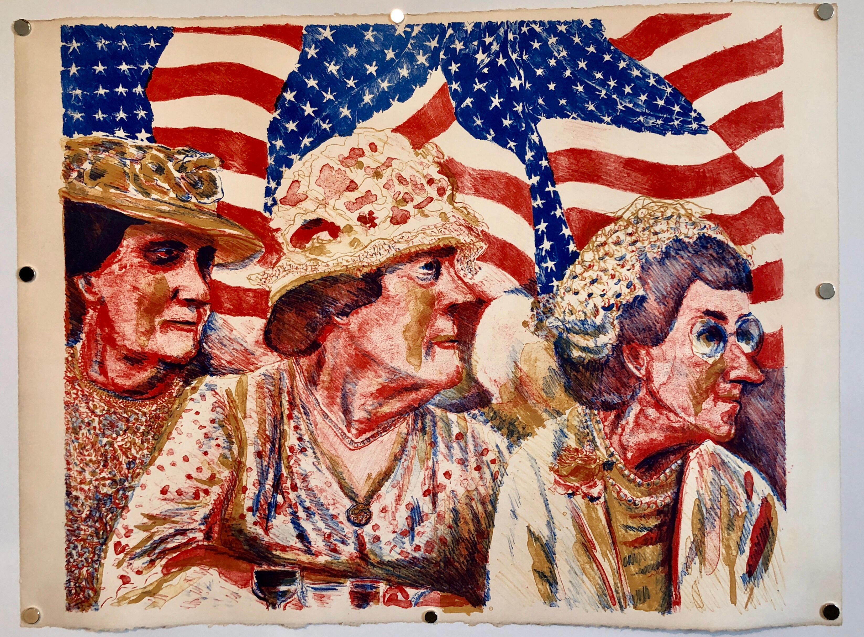 Sid Chafetz Figurative Print - Ohio Art Modern Americana Patriotic Lithograph American Flag Attentive Patriots