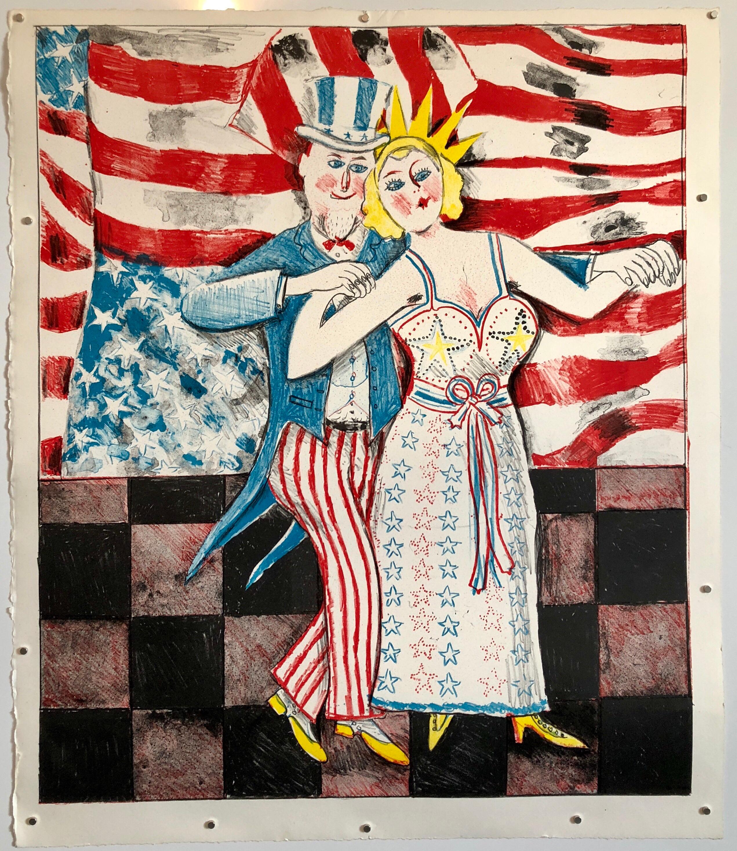 Ohio Artist Modern Americana Patriotic Uncle Sam Lithograph American Flag - Print by Sid Chafetz