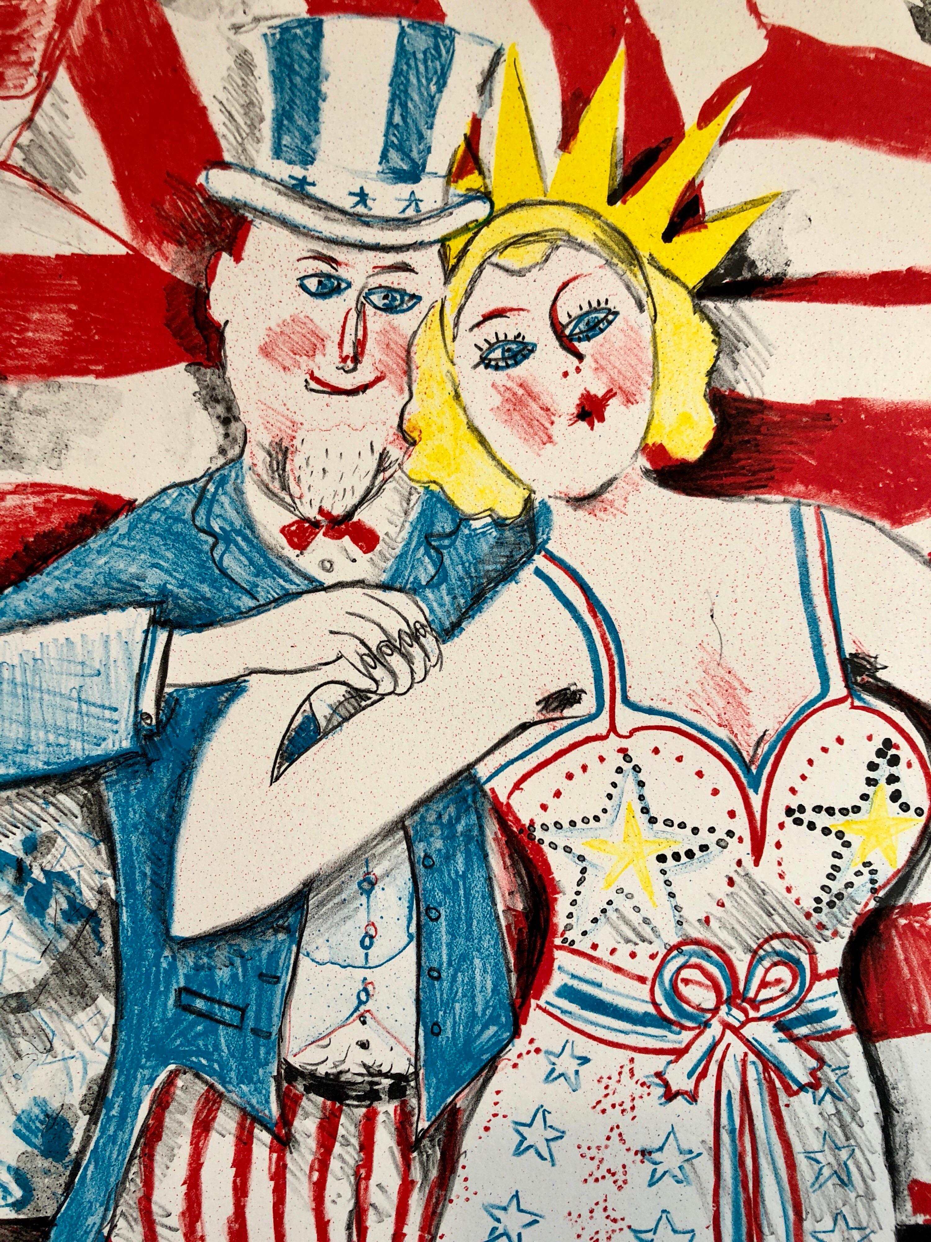 Ohio Artist Modern Americana Patriotic Uncle Sam Lithograph American Flag - Beige Figurative Print by Sid Chafetz