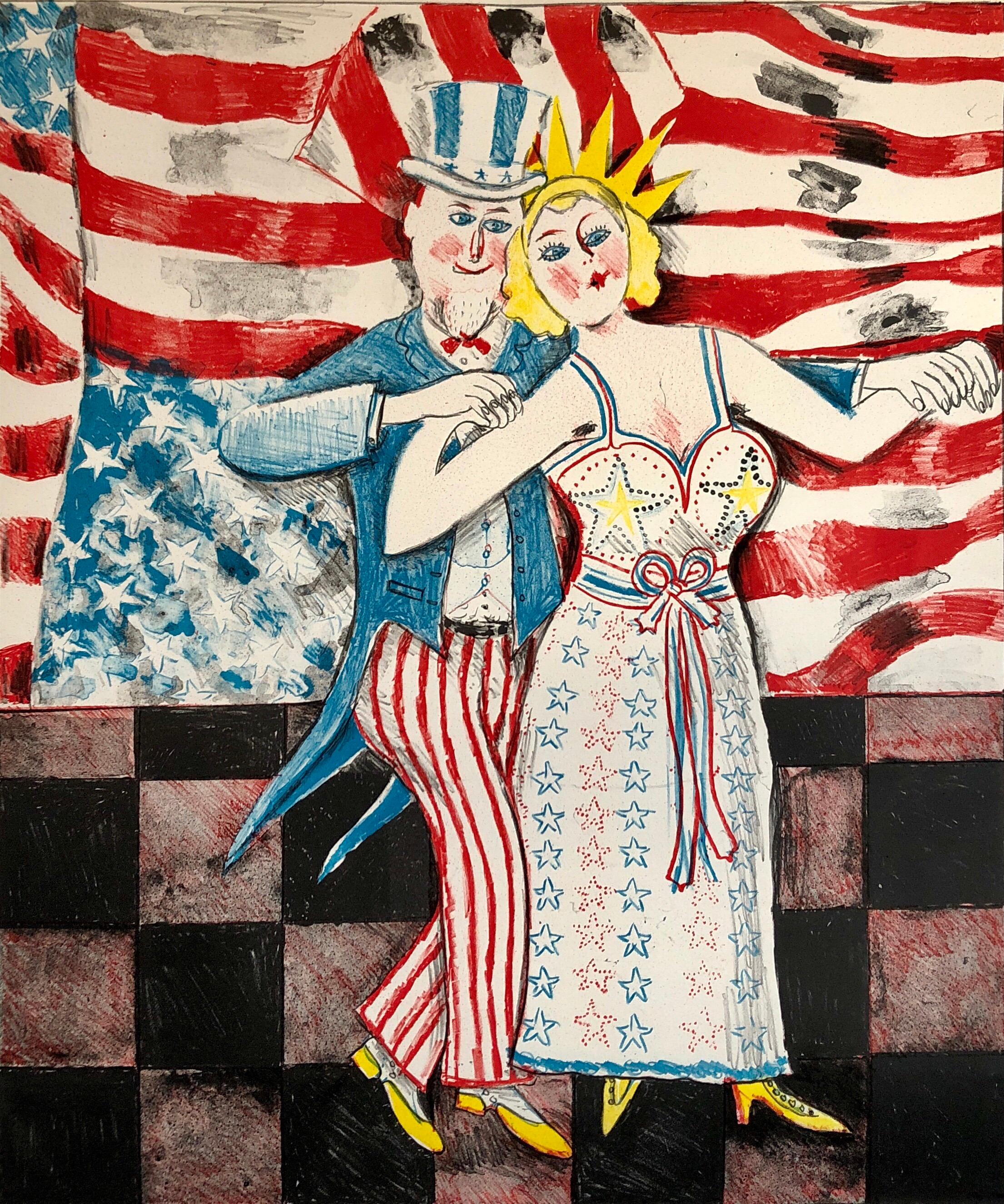 Sid Chafetz Figurative Print - Ohio Artist Modern Americana Patriotic Uncle Sam Lithograph American Flag
