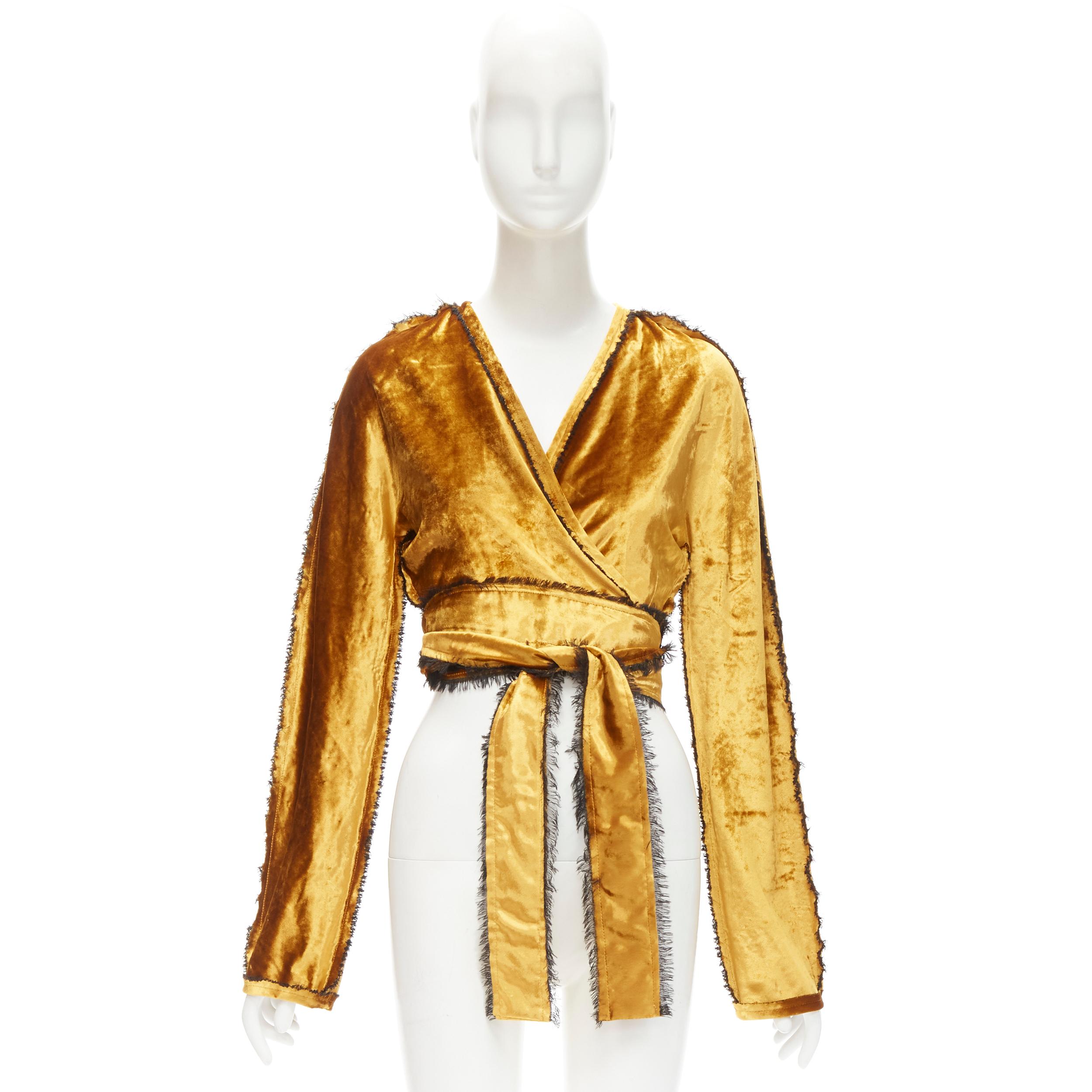 SID NEIGUM gold velvet black frayed seams wrap kimono robe jacket US2 S For Sale 3