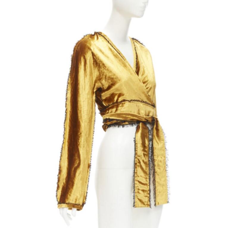 SID NEIGUM gold velvet black frayed seams wrap kimono robe jacket US2 S In Excellent Condition For Sale In Hong Kong, NT