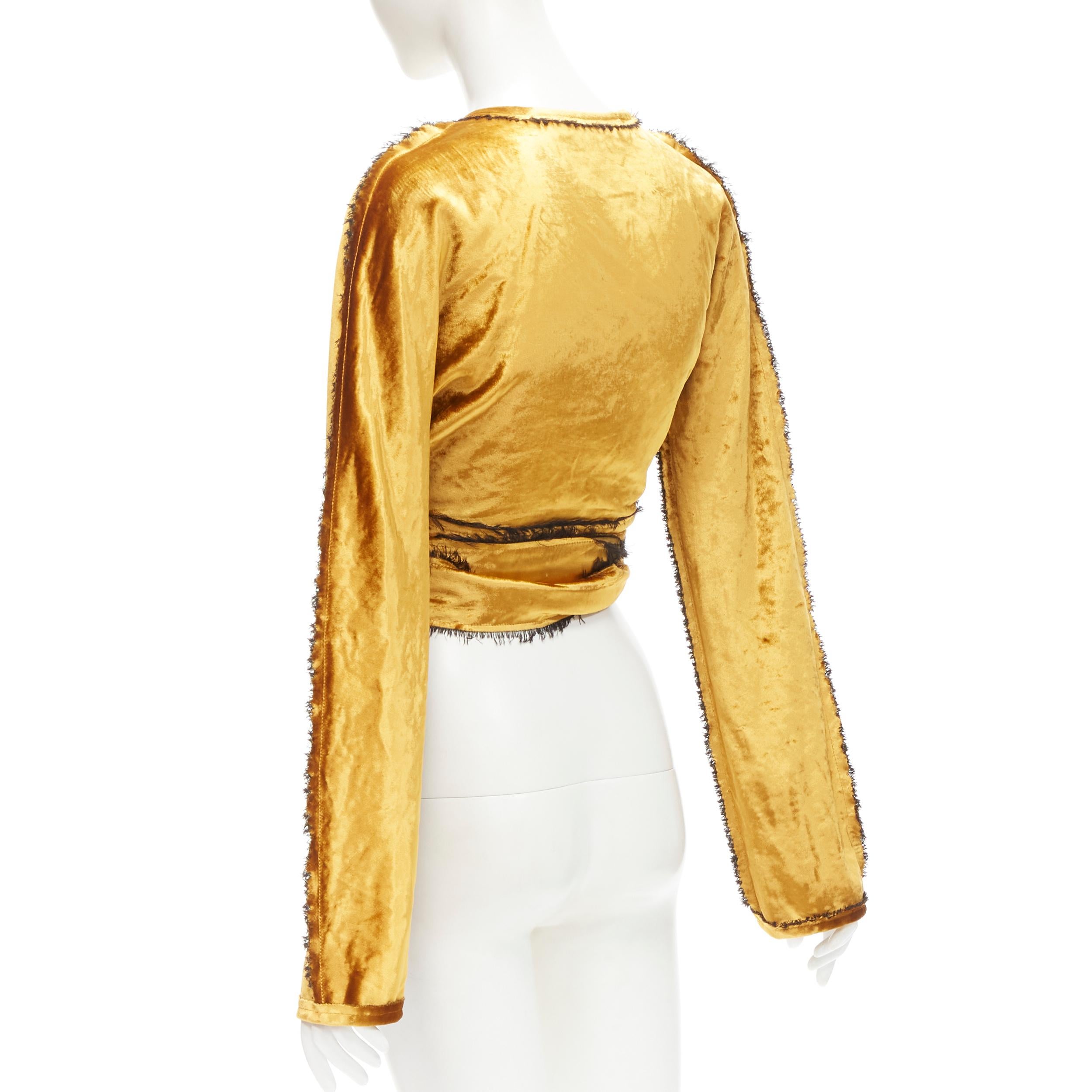 SID NEIGUM gold velvet black frayed seams wrap kimono robe jacket US2 S In Excellent Condition For Sale In Hong Kong, NT