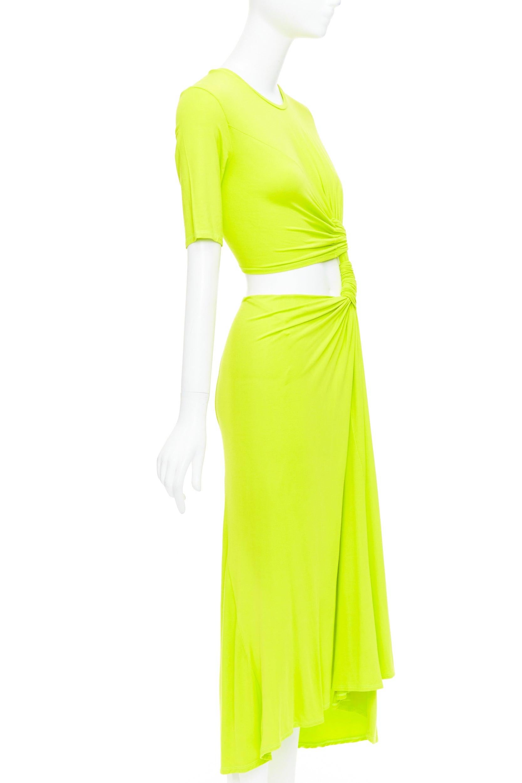 Yellow SID NEIGUM neon yellow stretch satin twist cut out draped dress XS For Sale