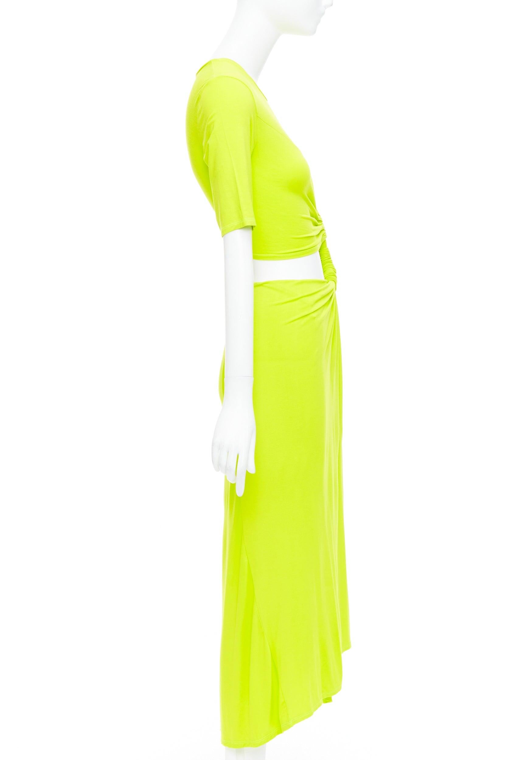 SID NEIGUM neon yellow stretch satin twist cut out draped dress XS In Good Condition For Sale In Hong Kong, NT