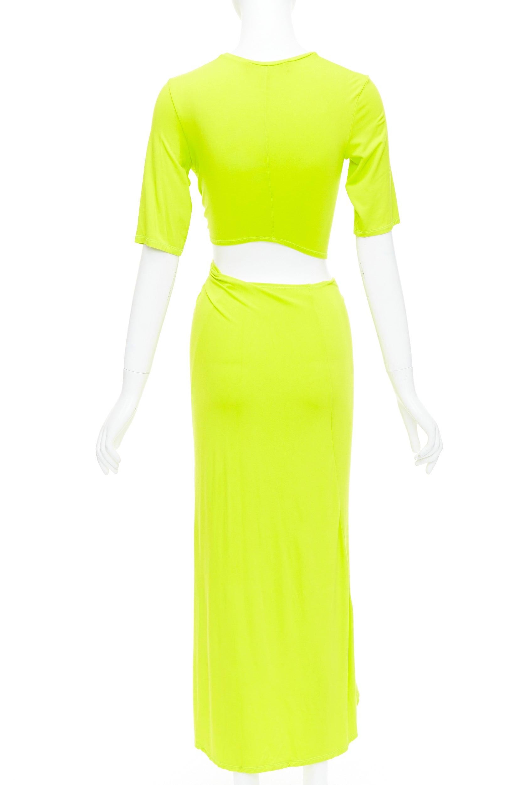 Women's SID NEIGUM neon yellow stretch satin twist cut out draped dress XS For Sale