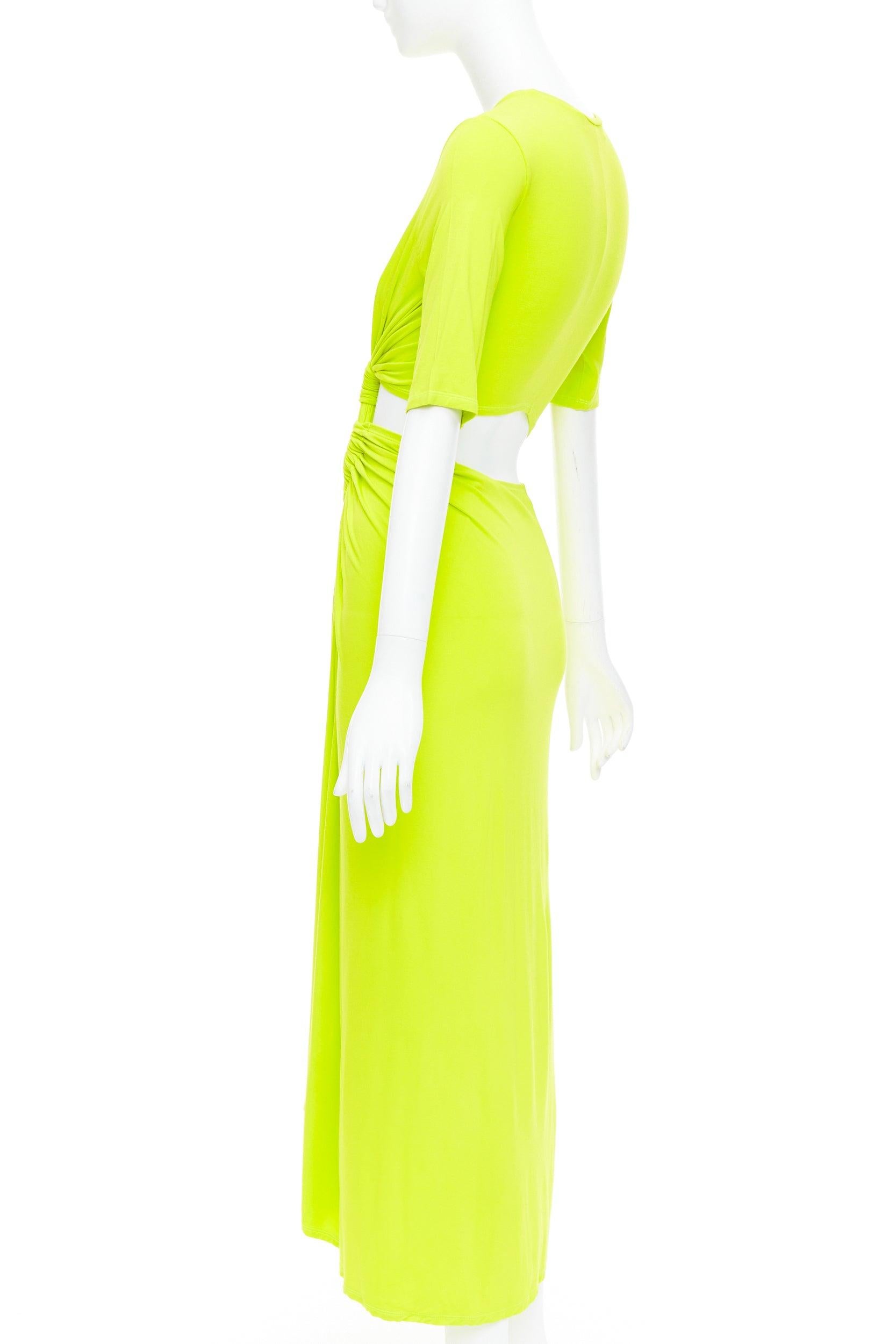 SID NEIGUM neon yellow stretch satin twist cut out draped dress XS For Sale 1