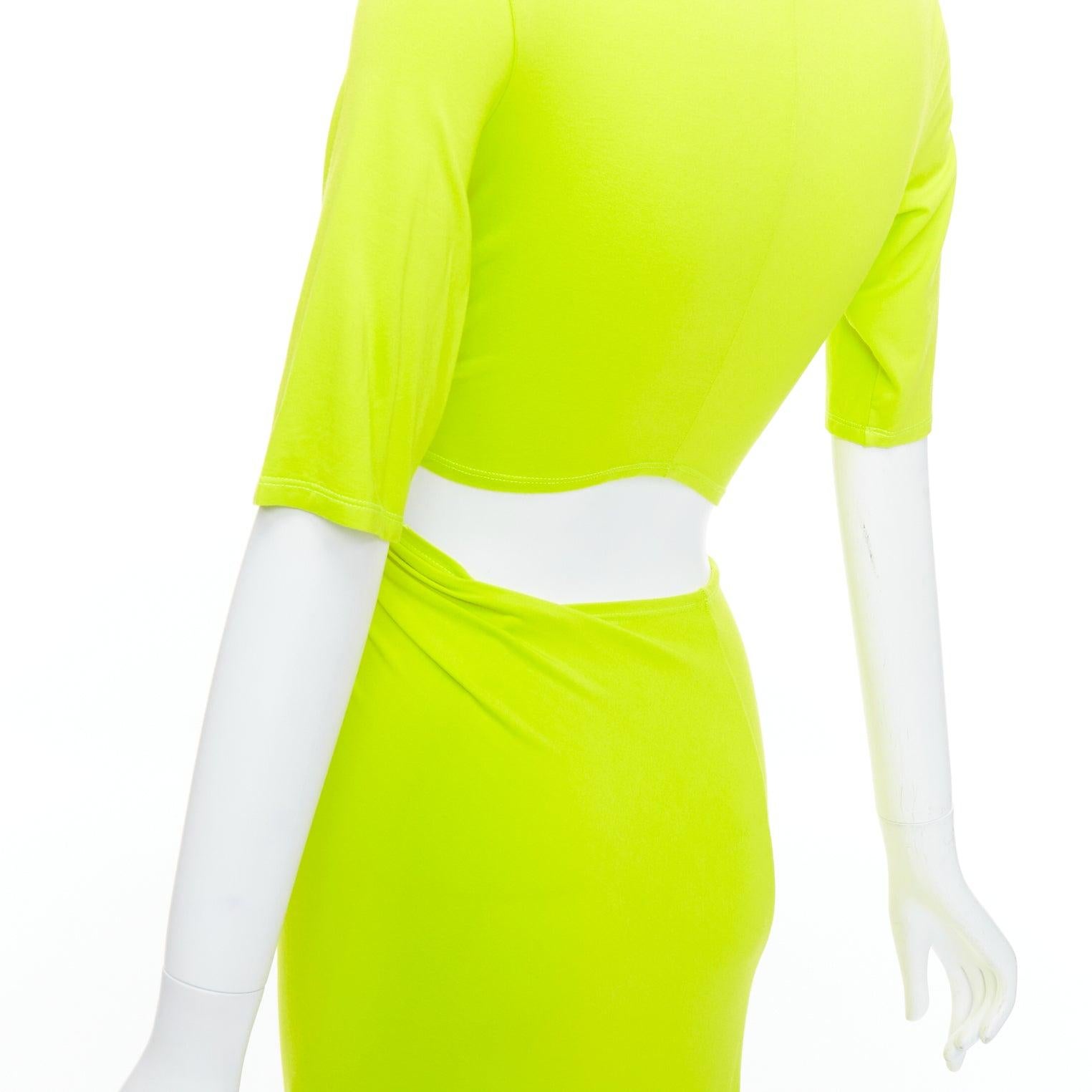 SID NEIGUM neon yellow stretch satin twist cut out draped dress XS For Sale 2