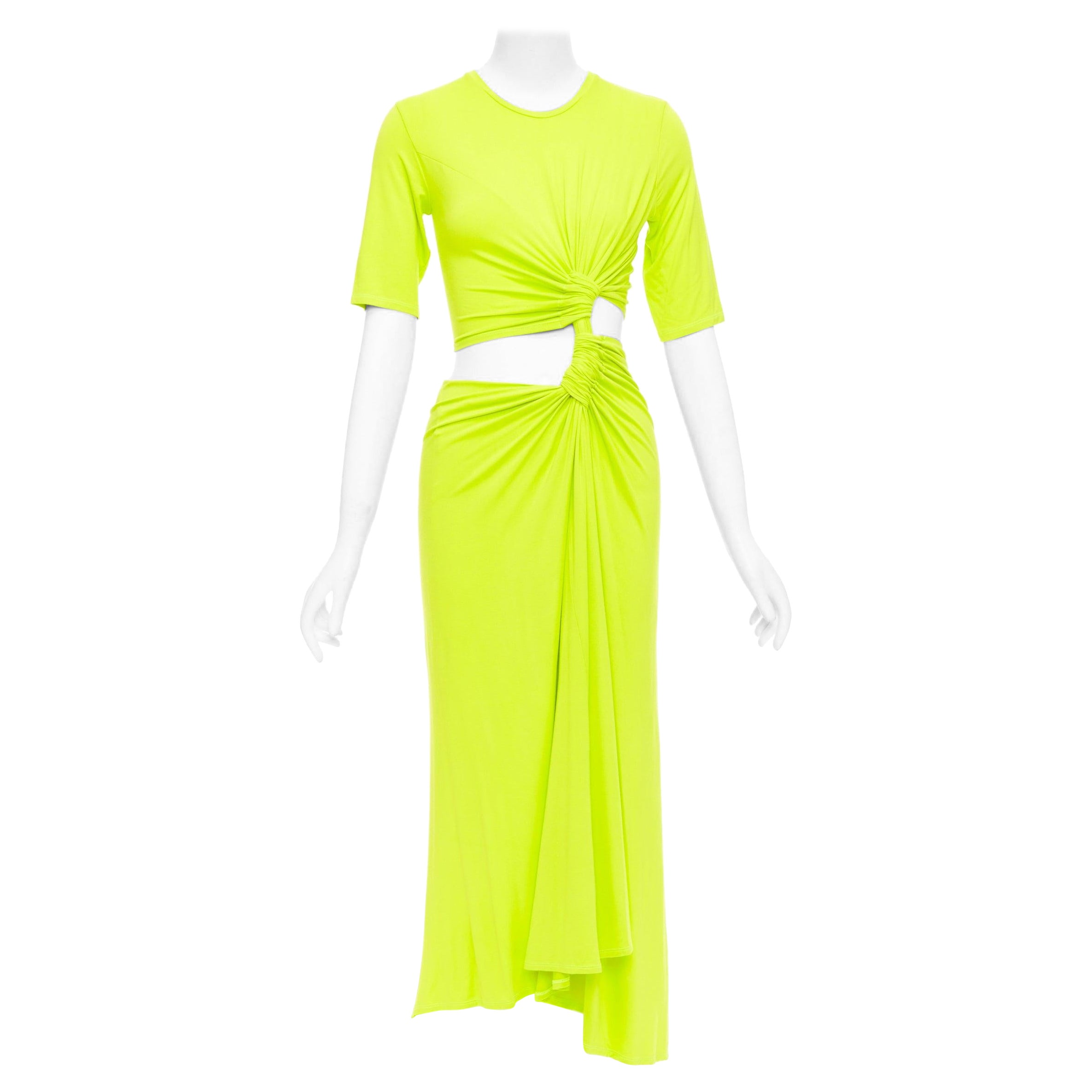 SID NEIGUM abito giallo neon in raso elasticizzato tagliato e drappeggiato XS