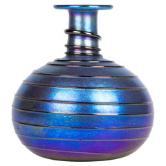 Used Siddy Langley Blue Iridescent Trailed Pattern Art Glass Vase 1995