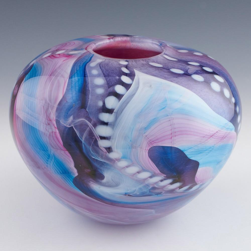 Heading : Siddy Langley Journey rosebowl
Date : 2023
Origin : Devon, England
Bowl Features : Swirling turquoise, pink, and lilac cased in clear glass
Marks : Signed Siddy Langley 2023
Type : Lead
Size : 15.5cm height, 20cm diameter
Condition :