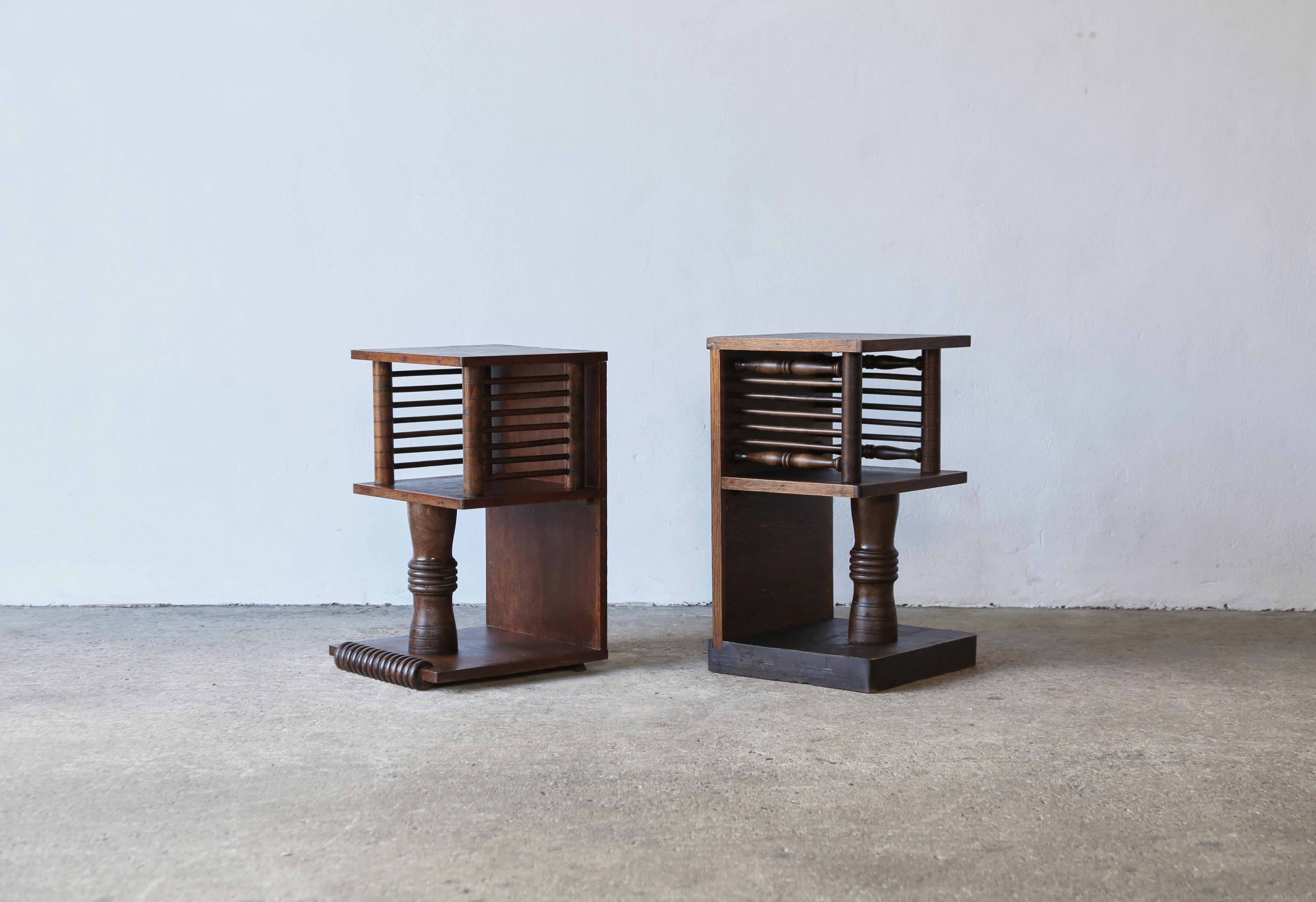 Side or bedside tables by Charles Dudouyt, France, 1930s/40s. Structurally sound and ready to use. Please note these are not an exactly matching pair (one slightly higher than the other) and can be sold together or separately.   Listed price is for