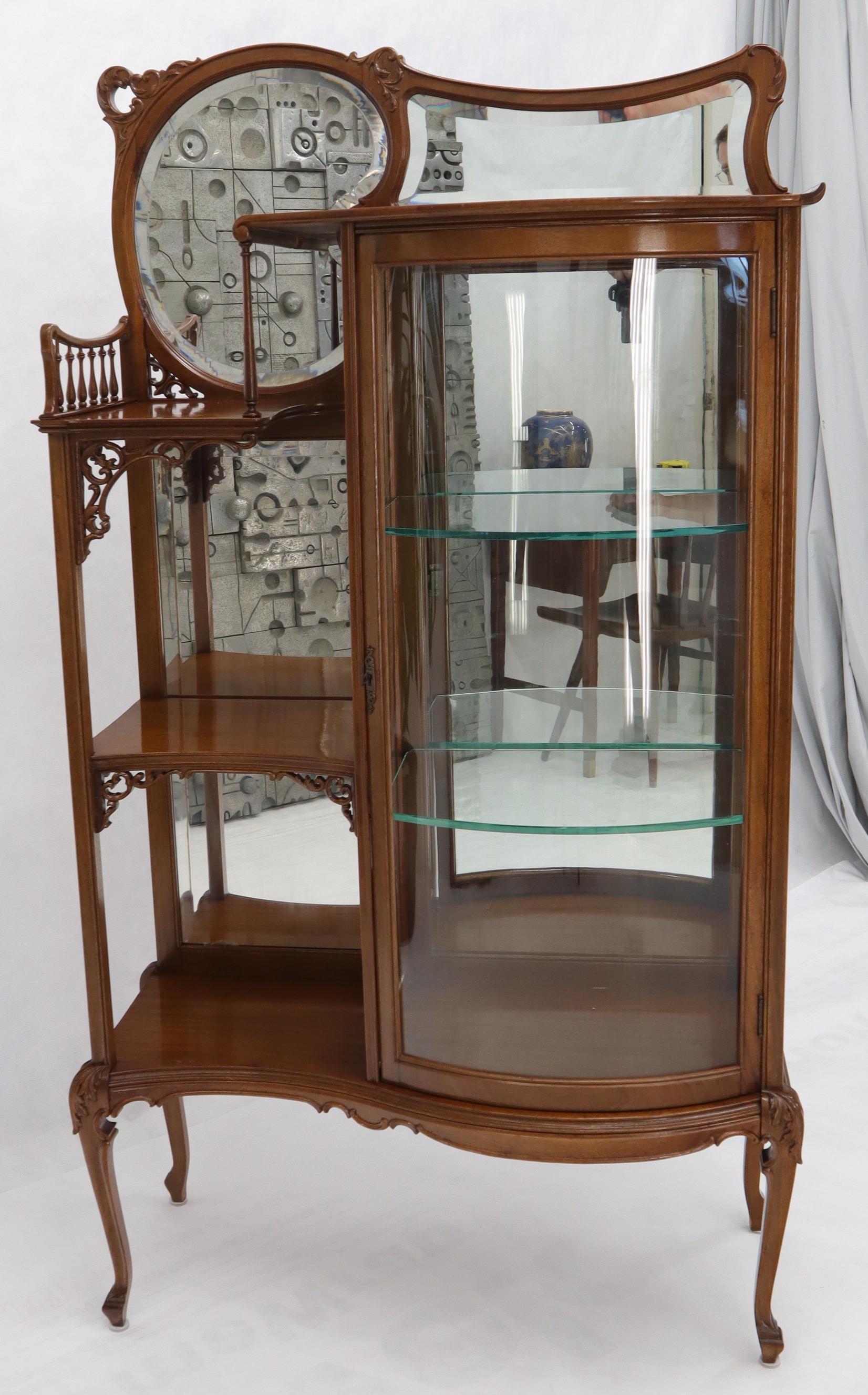 Lacquered Side by Side Elegant Art Nouveau Style Bookcase Mirrored Bowed Glass Door Curio