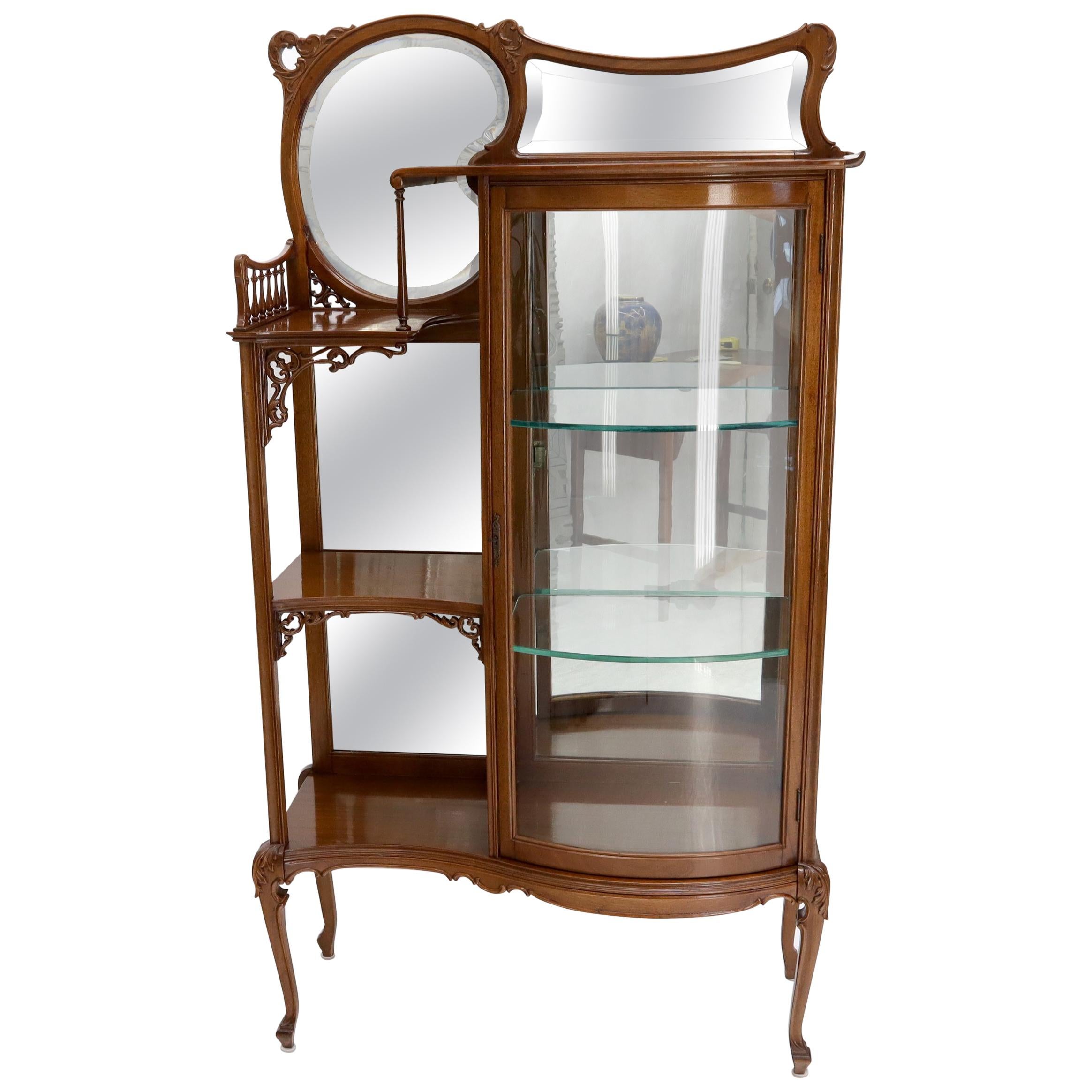 Side by Side Elegant Art Nouveau Style Bookcase Mirrored Bowed Glass Door Curio
