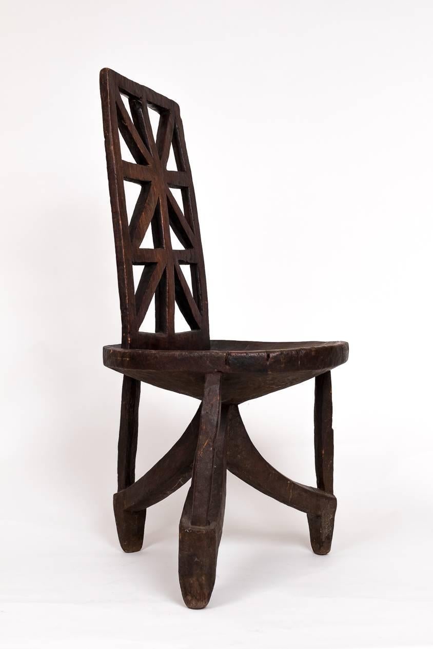 Carved Antique Side Chair from Ethiopia with Lattice Back