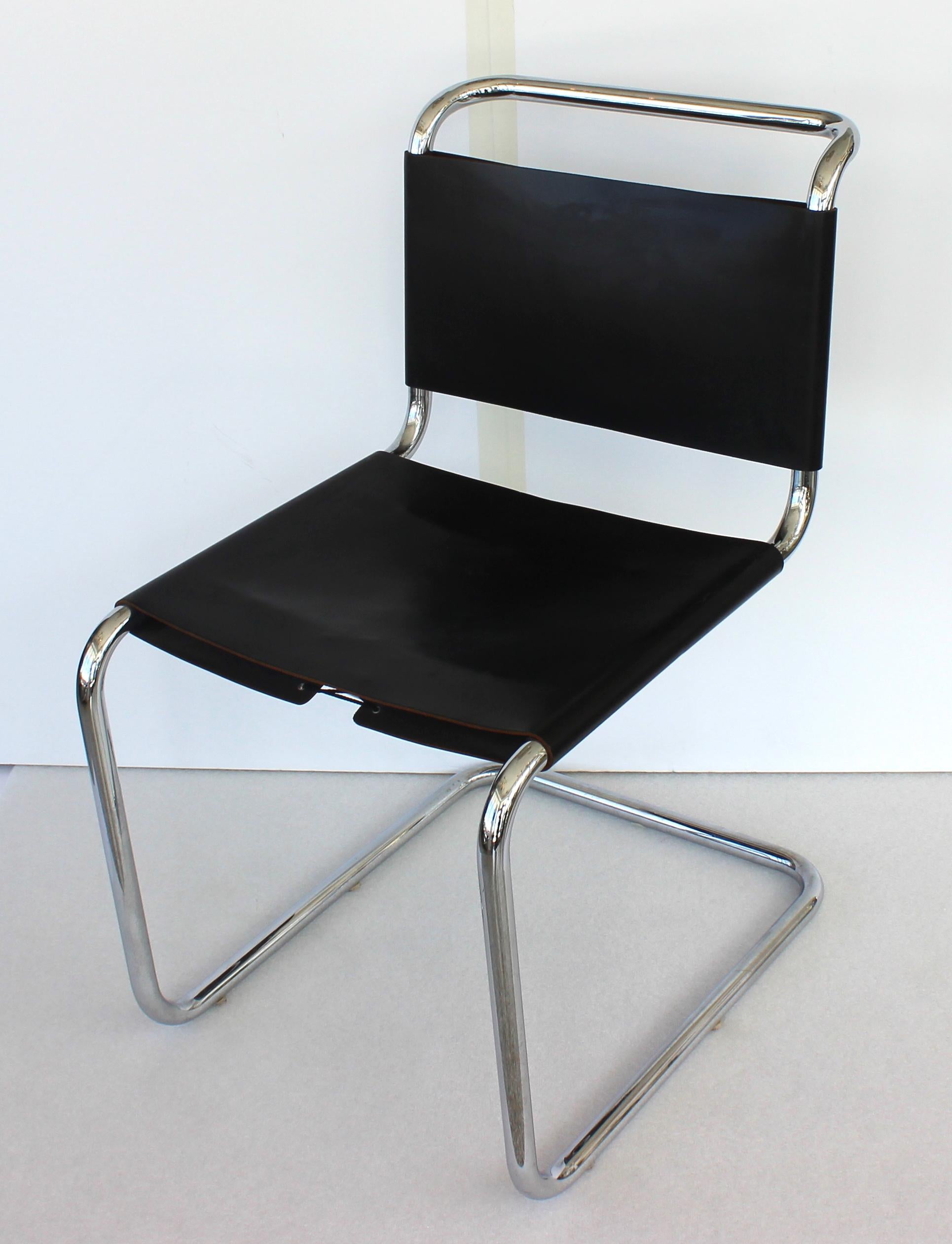 This piece is in the style of the  Mies van der Rohe MR10 chair, and it dates to the 1970s. 

Note: The piece is fabricated in polished chrome with a black leather seat and back.